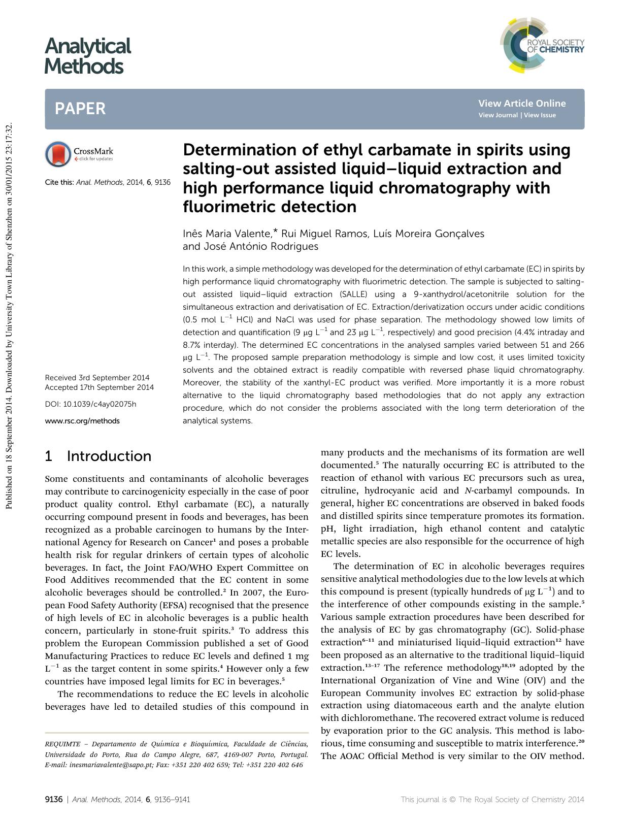Determination of ethyl carbamate in spirits using salting-out assisted liquidâliquid extraction and high performance liquid chromatography with fluorimetric detection by Inês Maria Valente & Rui Miguel Ramos & Luís Moreira Gonçalves & José António Rodrigues
