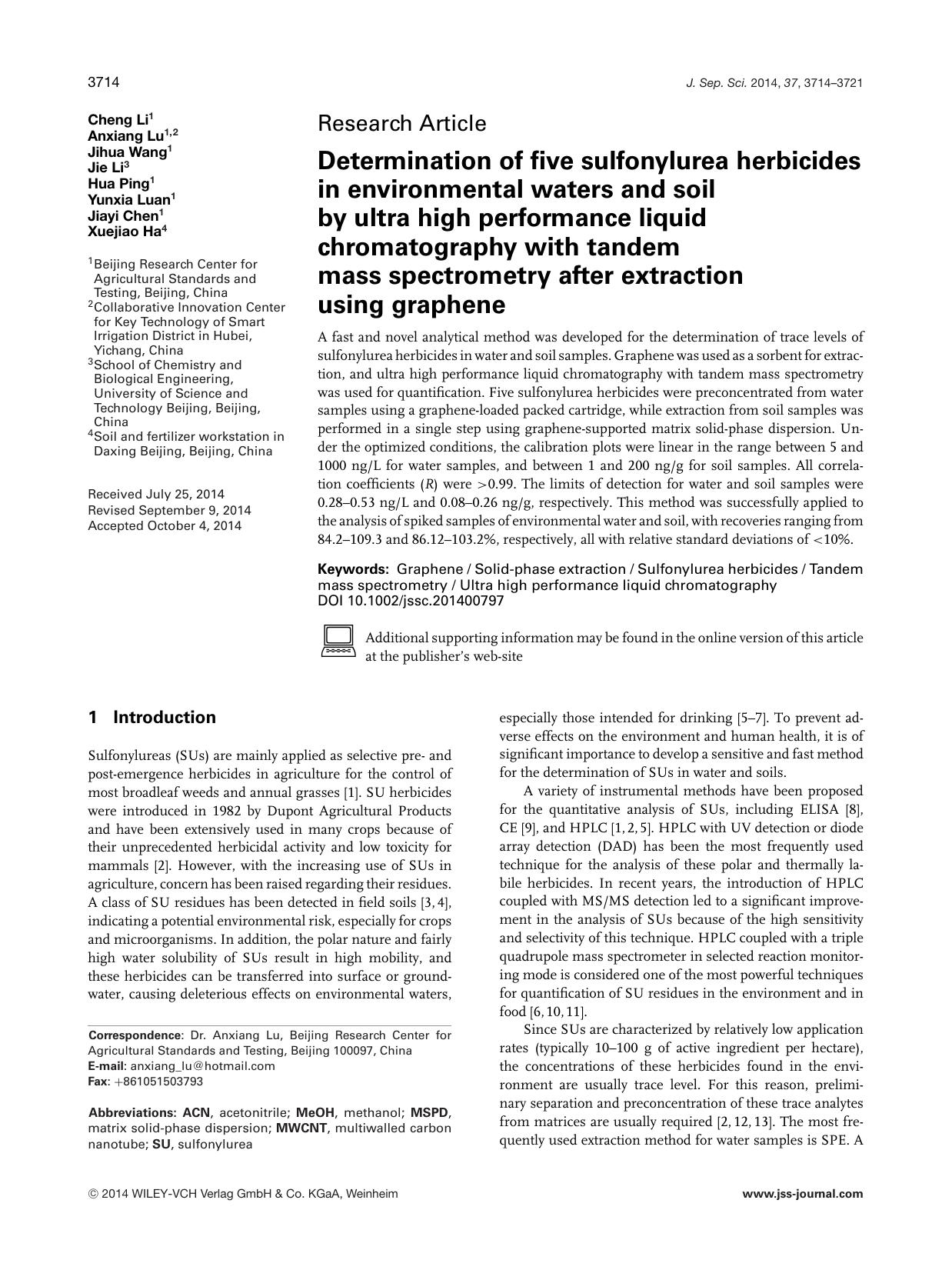 Determination of five sulfonylurea herbicides in environmental waters and soil by ultra high performance liquid chromatography with tandem mass spectrometry after extraction using graphene by Unknown