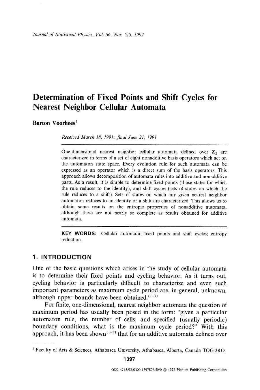Determination of fixed points and shift cycles for nearest neighbor cellular automata by Unknown