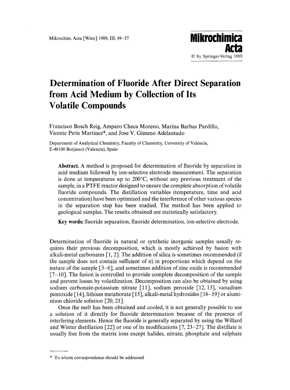 Determination of fluoride after direct separation from acid medium by collection of its volatile compounds by Unknown