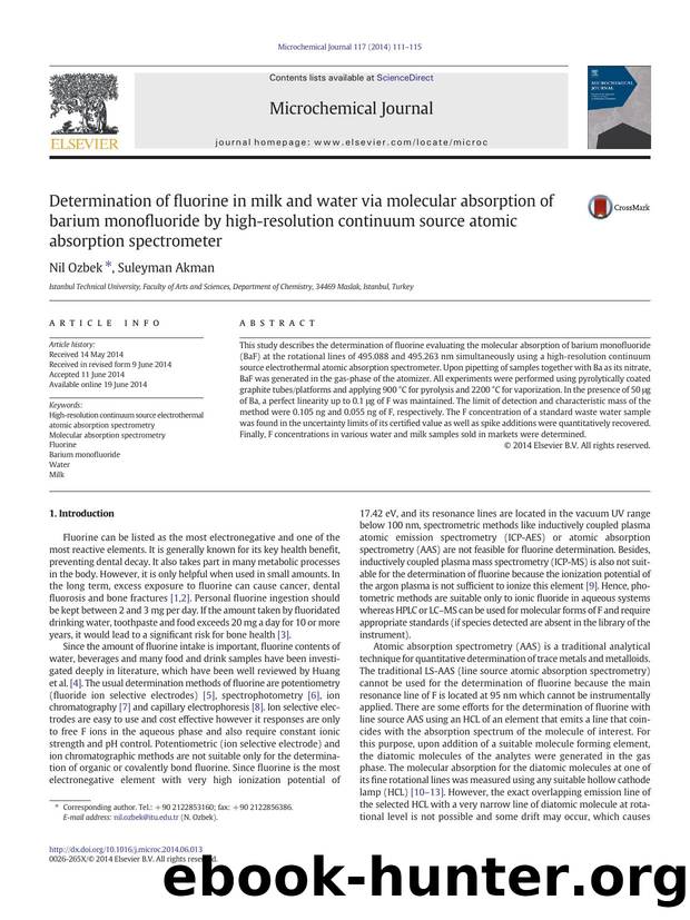 Determination of fluorine in milk and water via molecular absorption of barium monofluoride by high-resolution continuum source atomic absorption spectrometer by Nil Ozbek & Suleyman Akman