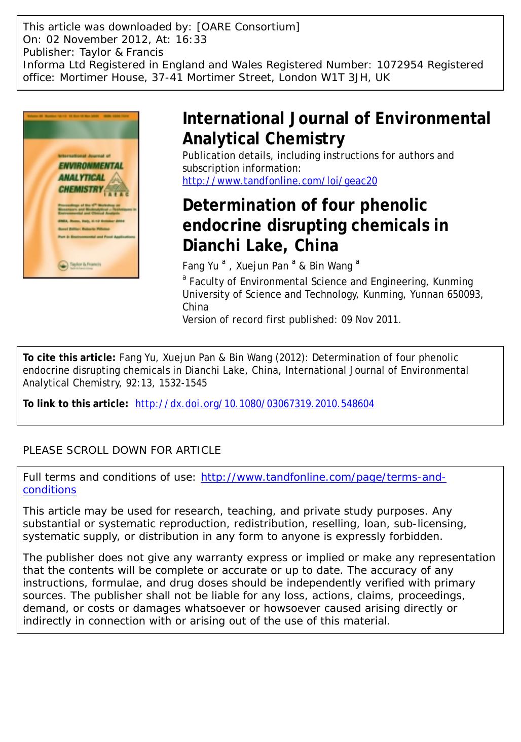 Determination of four phenolic endocrine disrupting chemicals in Dianchi Lake, China by Fang Yu Xuejun Pan & Bin Wang