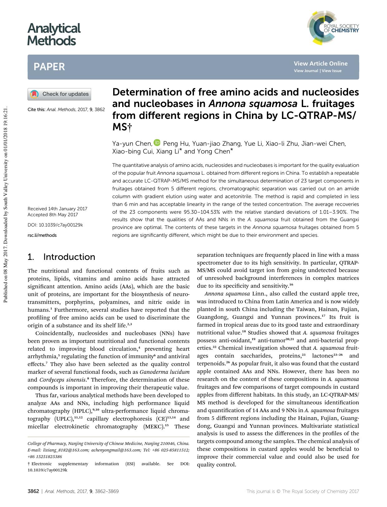 Determination of free amino acids and nucleosides and nucleobases in Annona squamosa&nbsp;L. fruitages from different regions in China by LC-QTRAP-MSMS by unknow