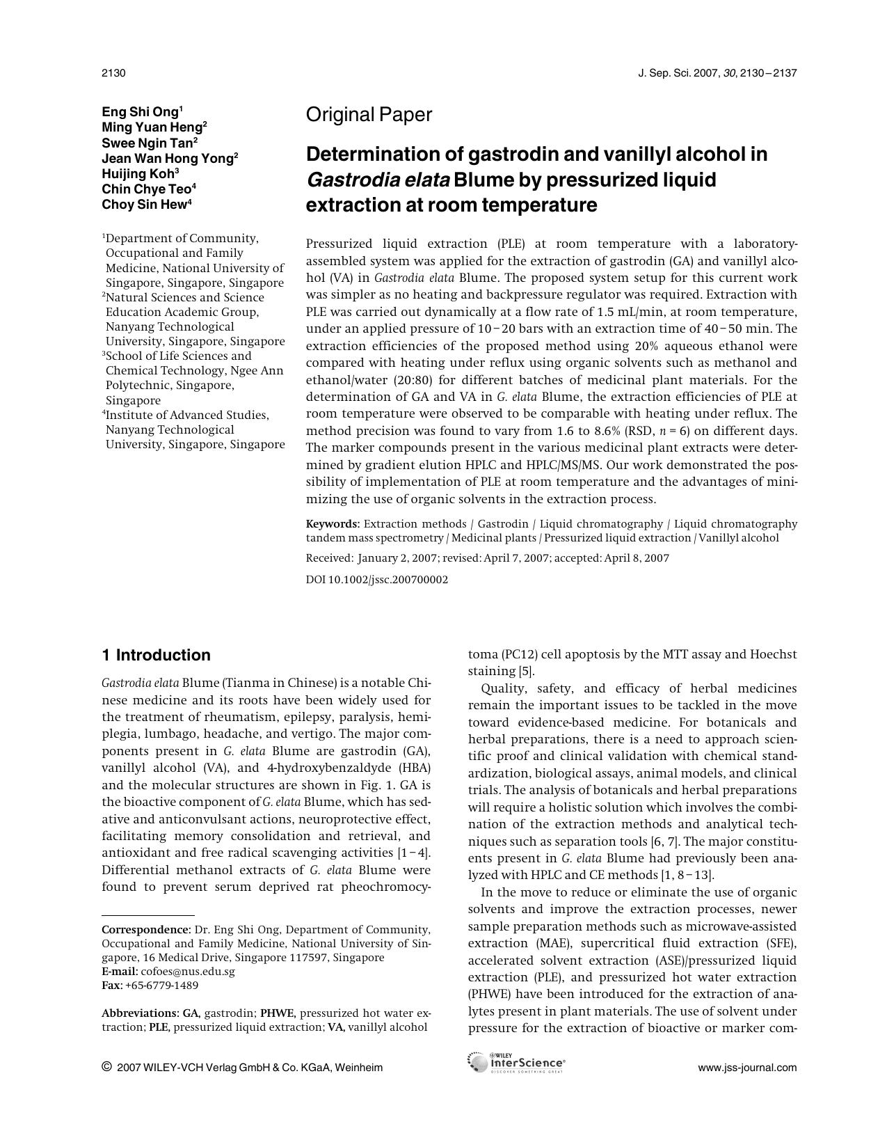 Determination of gastrodin and vanillyl alcohol in Gastrodia elata Blume by pressurized liquid extraction at room temperature by Unknown