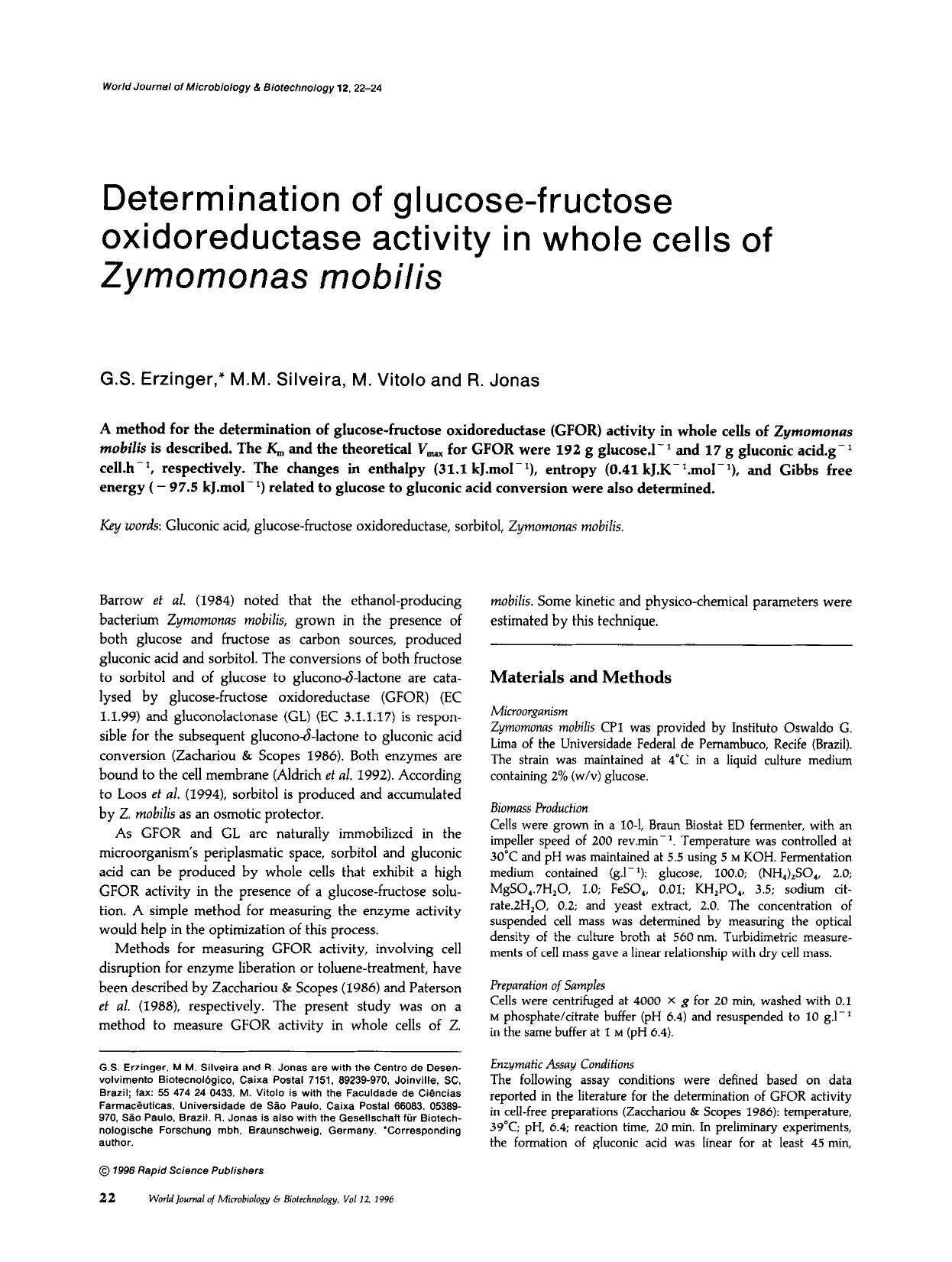 Determination of glucose-fructose oxidoreductase activity in whole cells of <Emphasis Type="Italic">Zymomonas mobilis<Emphasis> by Unknown