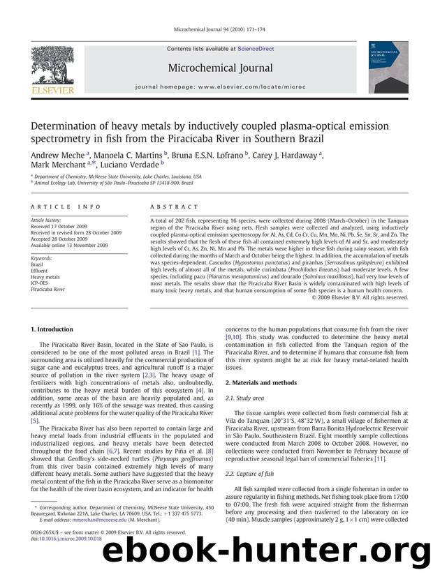 Determination of heavy metals by inductively coupled plasma-optical emission spectrometry in fish from the Piracicaba River in Southern Brazil by unknow