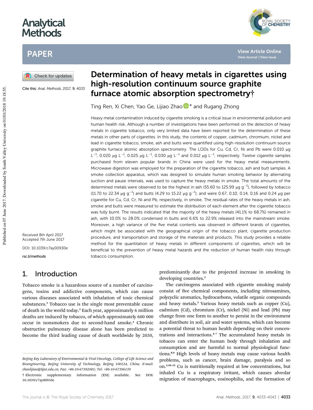 Determination of heavy metals in cigarettes using high-resolution continuum source graphite furnace atomic absorption spectrometry by Ting Ren & Xi Chen & Yao Ge & Lijiao Zhao & Rugang Zhong