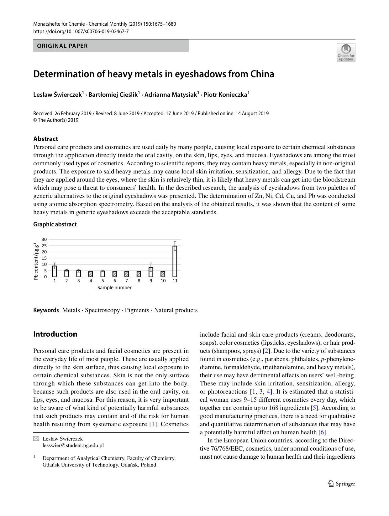Determination of heavy metals in eyeshadows from China by Lesław Świerczek & Bartłomiej Cieślik & Adrianna Matysiak & Piotr Konieczka