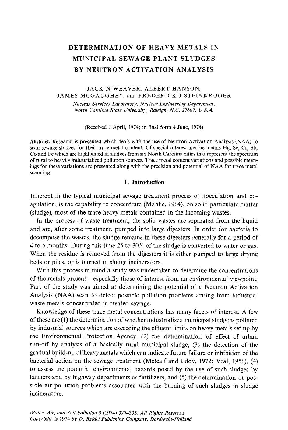 Determination of heavy metals in municipal sewage plant sludges by neutron activation analysis by Unknown