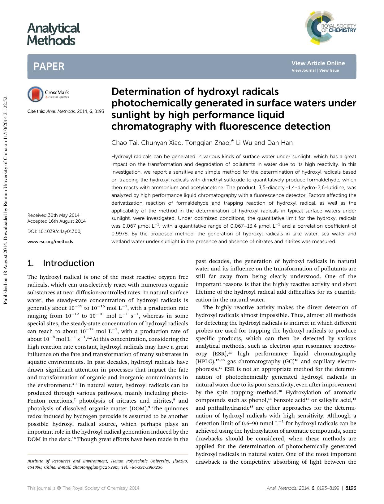 Determination of hydroxyl radicals photochemically generated in surface waters under sunlight by high performance liquid chromatography with fluorescence detection by Chao Tai & Chunyan Xiao & Tongqian Zhao & Li Wu & Dan Han