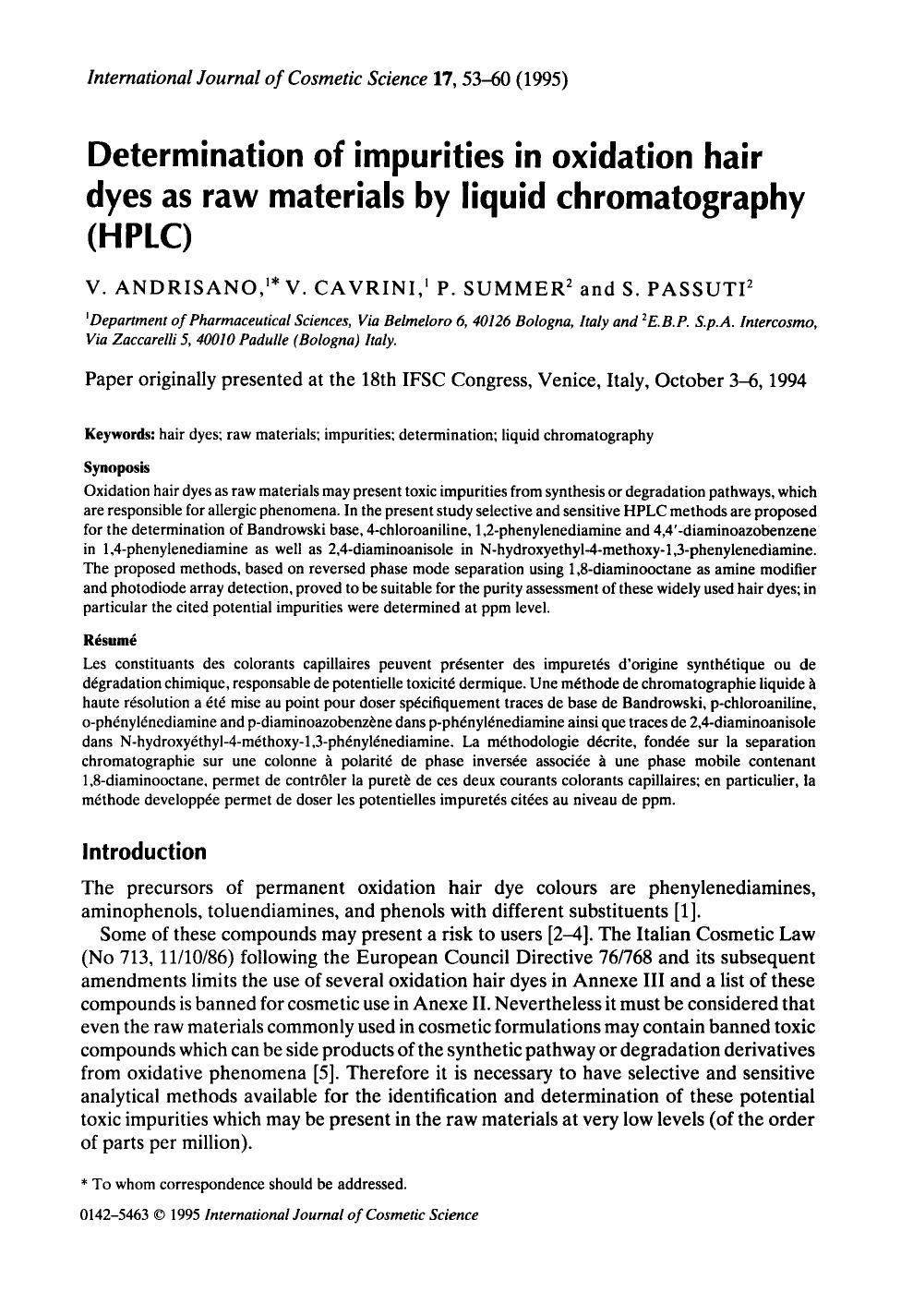 Determination of impurities in oxidation hair dyes as raw materials by liquid chromatography (HPLC) by Unknown