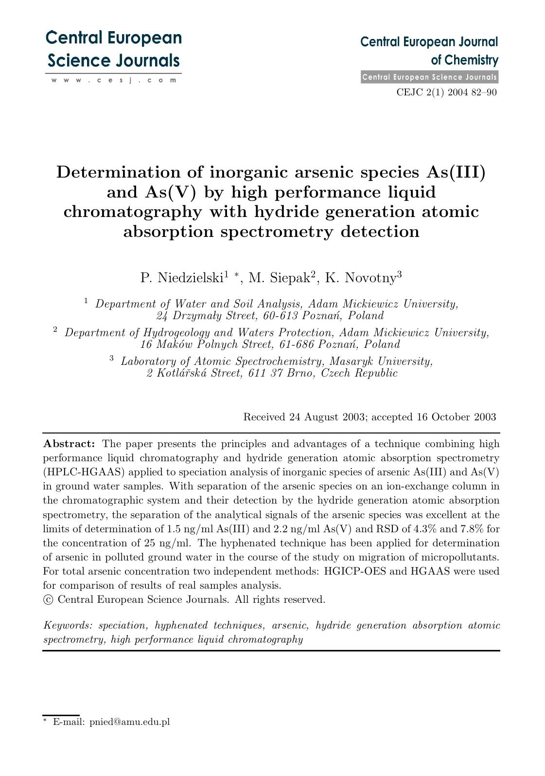 Determination of inorganic arsenic species As(III) and As(V) by high performance liquid chromatography with hydride generation atomic absorption spectrometry detection by Unknown