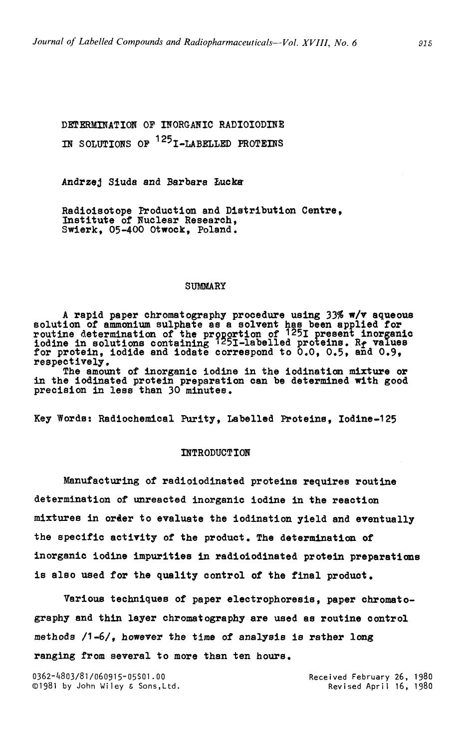 Determination of inorganic radioiodine in solutions of 125I-labelled proteins by Unknown