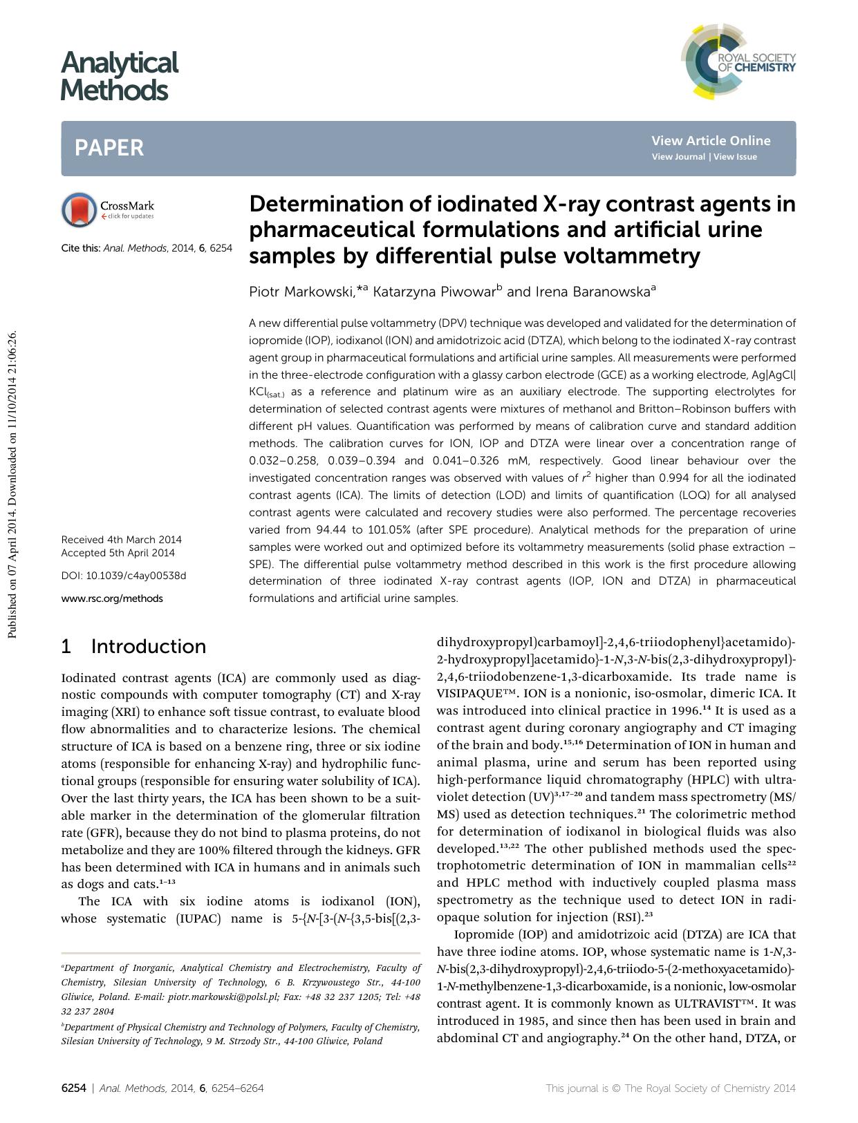 Determination of iodinated X-ray contrast agents in pharmaceutical formulations and artificial urine samples by differential pulse voltammetry by Piotr Markowski & Katarzyna Piwowar & Irena Baranowska