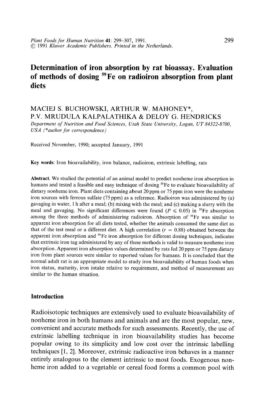 Determination of iron absorption by rat bioassay. Evaluation of methods of dosing <Superscript>59 <Superscript>Fe on radioiron absorption from plant diets by Unknown