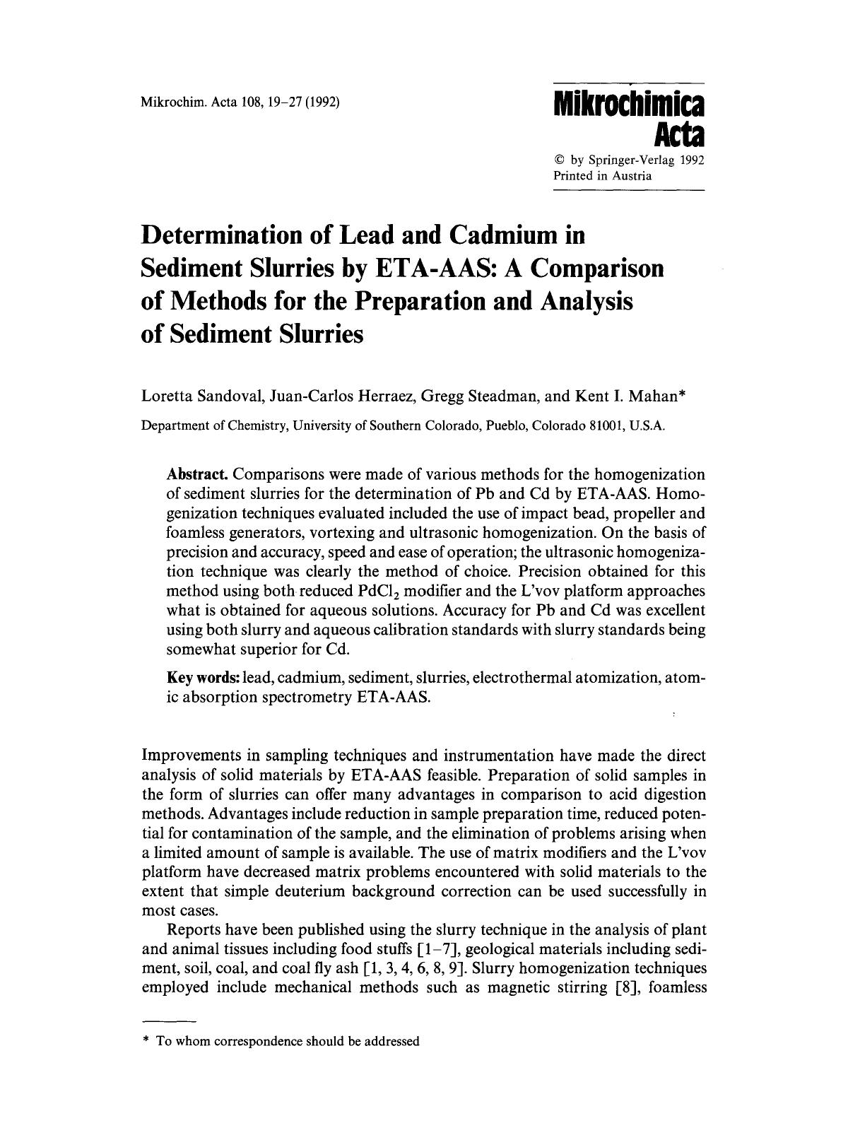 Determination of lead and cadmium in sediment slurries by ETA-AAS: A comparison of methods for the preparation and analysis of sediment slurries by Unknown