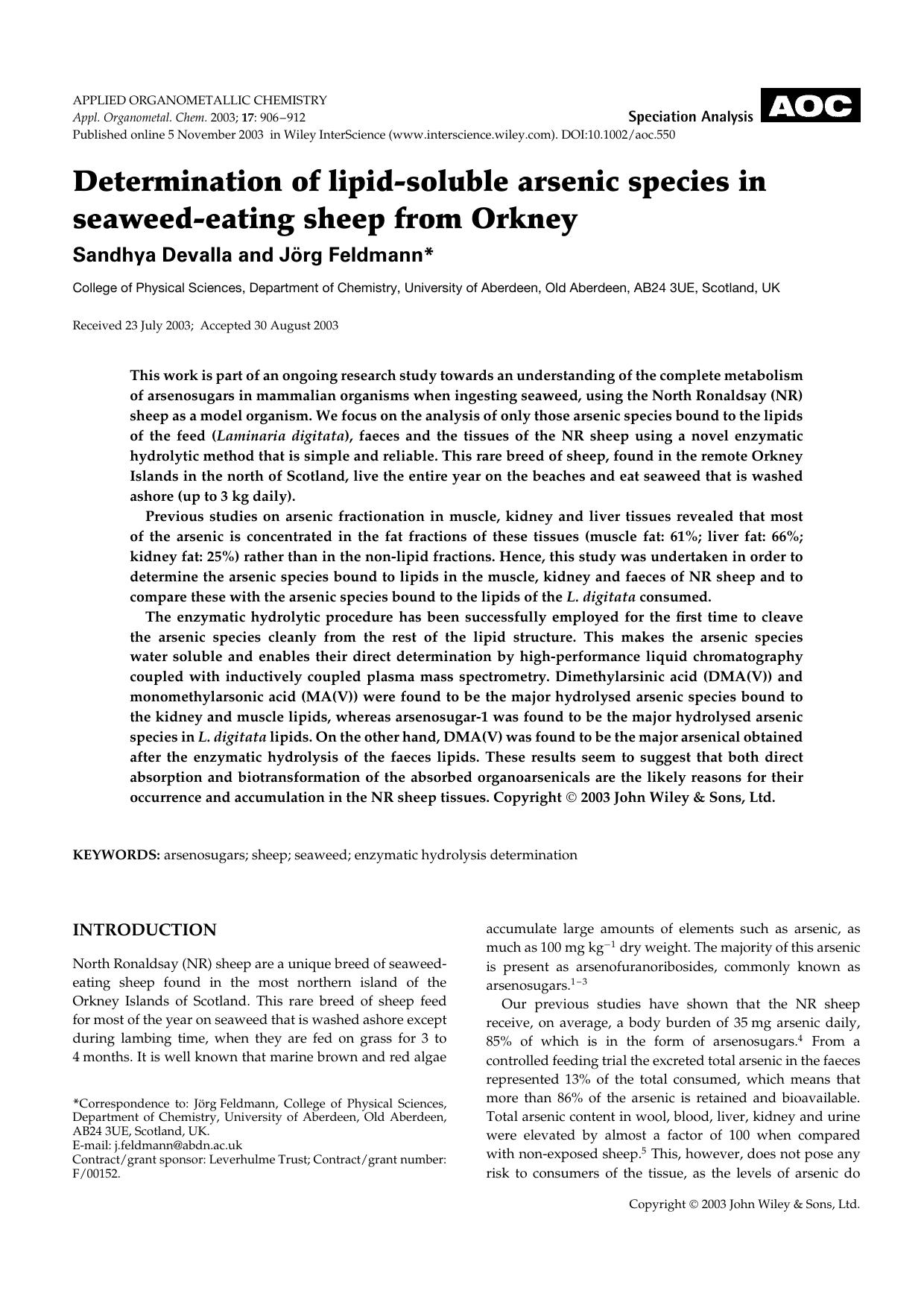 Determination of lipid-soluble arsenic species in seaweed-eating sheep from Orkney by Unknown