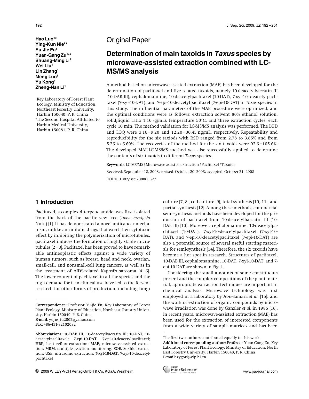 Determination of main taxoids in Taxus species by microwave-assisted extraction combined with LC-MSMS analysis by Unknown
