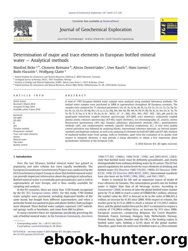Determination of major and trace elements in European bottled mineral water â Analytical methods by unknow