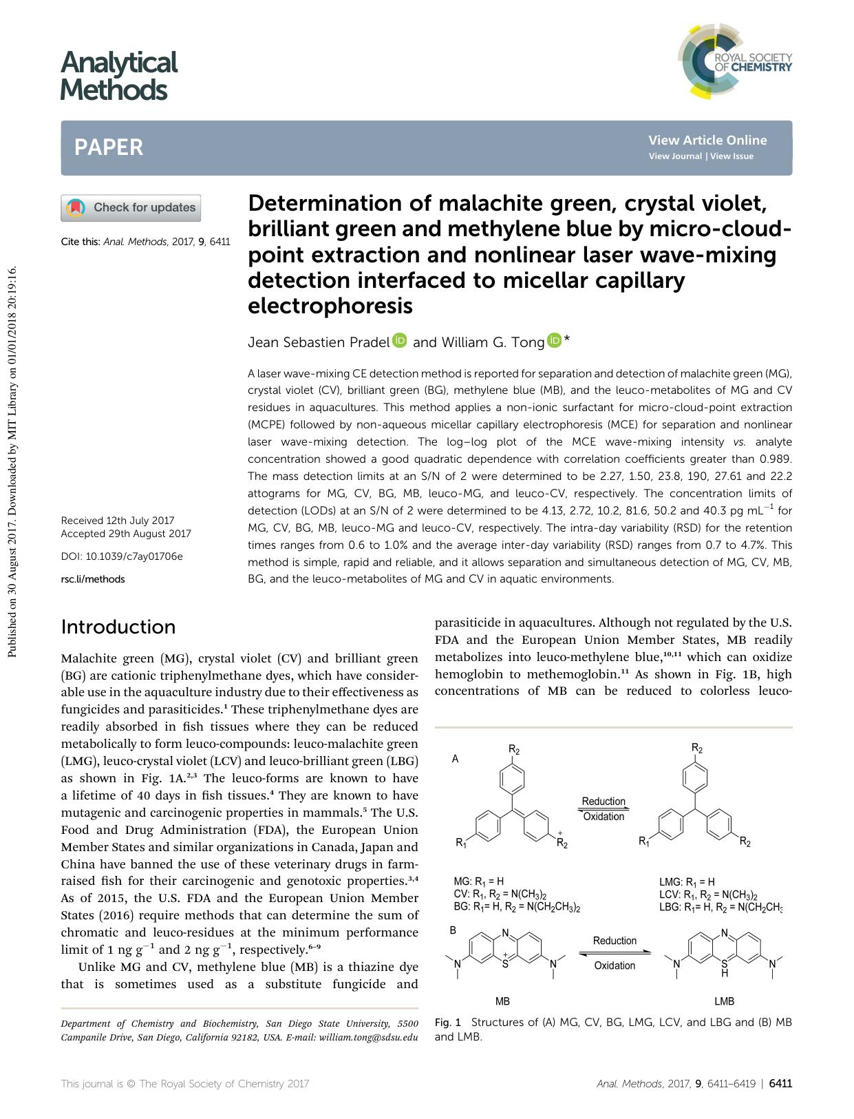 Determination of malachite green, crystal violet, brilliant green and methylene blue by micro-cloud-point extraction and nonlinear laser wave-mixing detection interfaced to micella by Jean Sebastien Pradel & William G. Tong