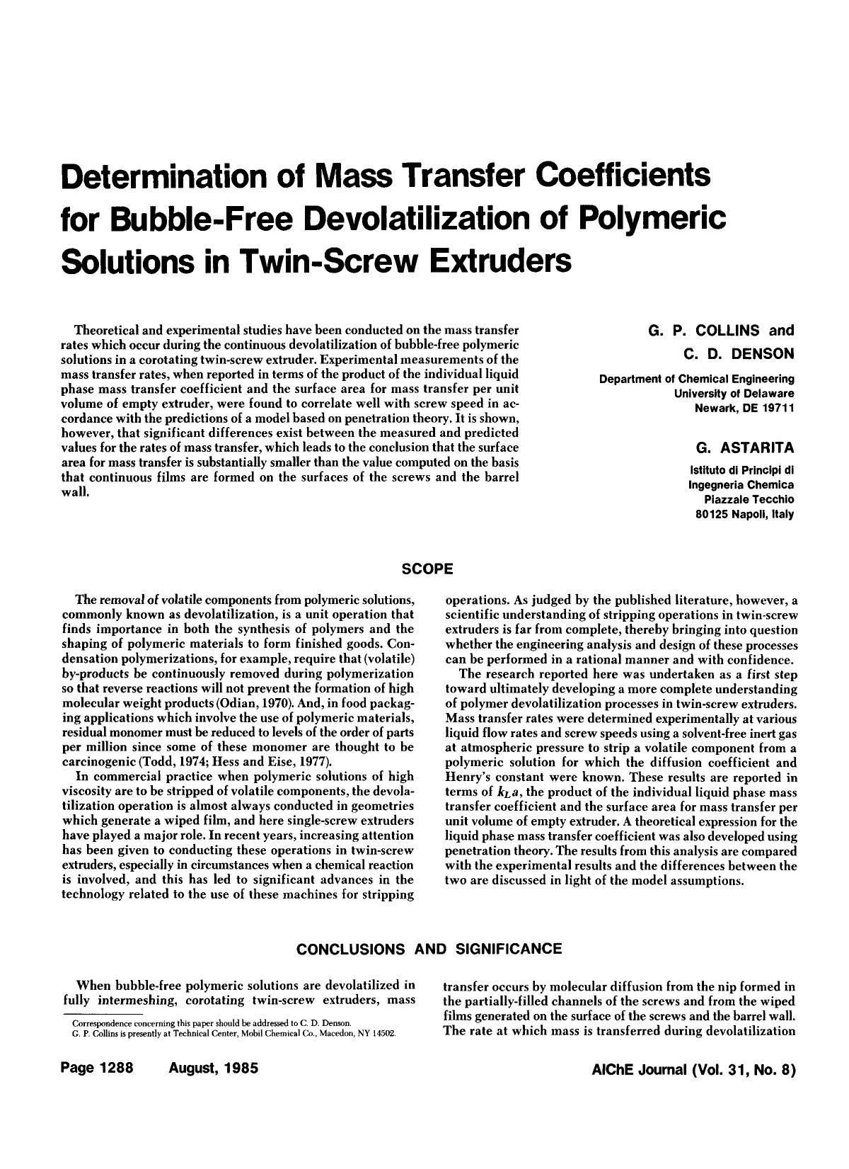 Determination of mass transfer coefficients for bubble-free devolatilization of polymeric solutions in twin-screw extruders by Unknown