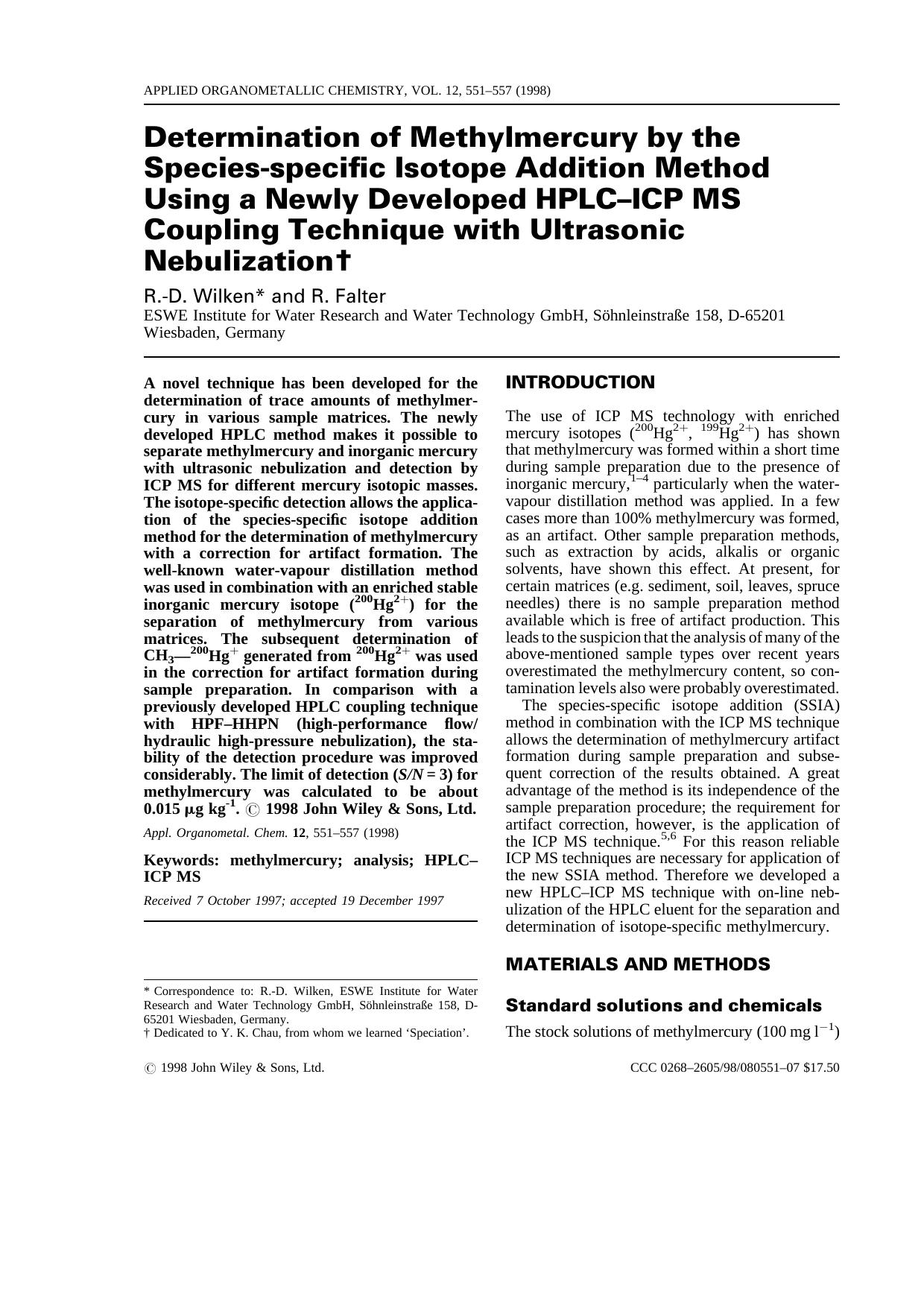 Determination of methylmercury by the species-specific isotope addition method using a newly developed HPLC-ICP MS coupling technique with ultrasonic nebulization by Unknown