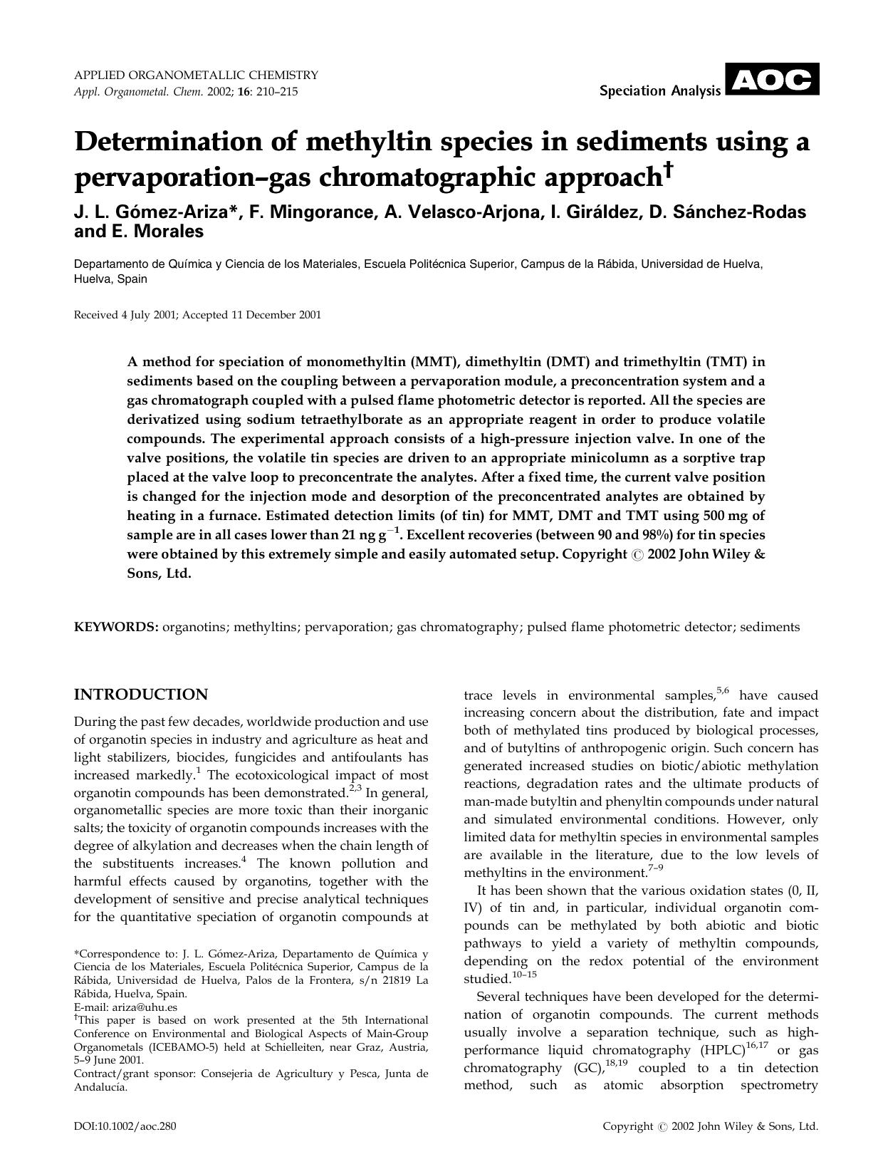 Determination of methyltin species in sediments using a pervaporation-gas chromatographic approach by Unknown