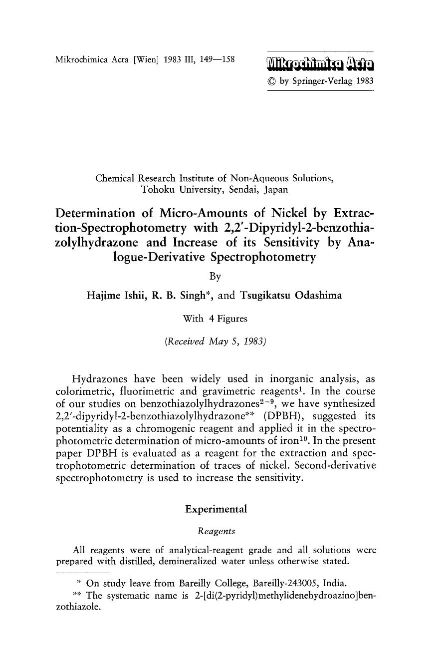 Determination of micro-amounts of nickel by extraction-spectrophotometry with 2,2'-dipyridyl-2-benzothiazolylhydrazone and increase of its sensitivity by analogue-derivative spectrophotometry by Unknown