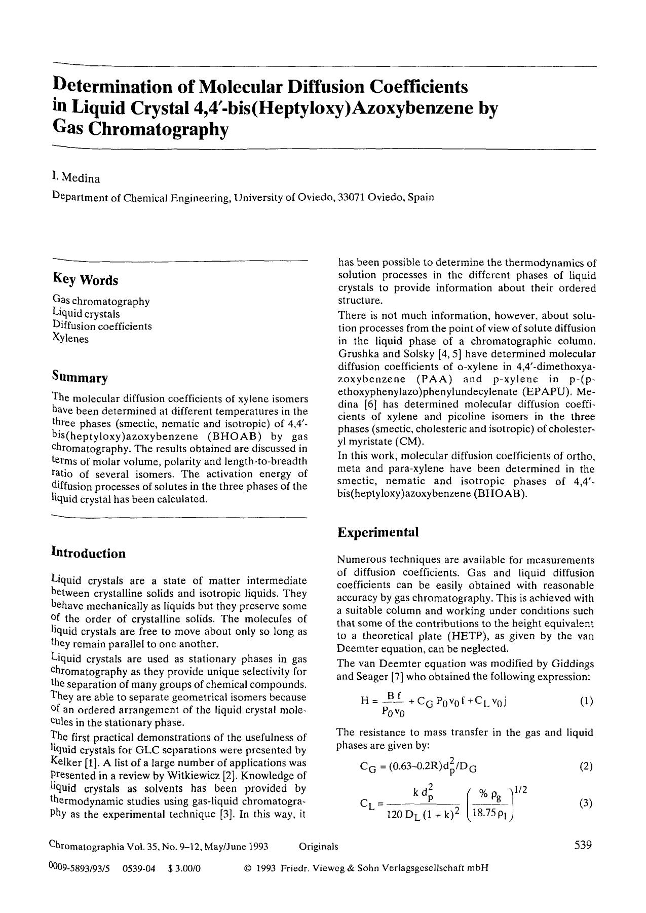 Determination of molecular diffusion coefficients in liquid crystal 4,4′-bis(heptyloxy)azoxybenzene by gas chromatography by Unknown