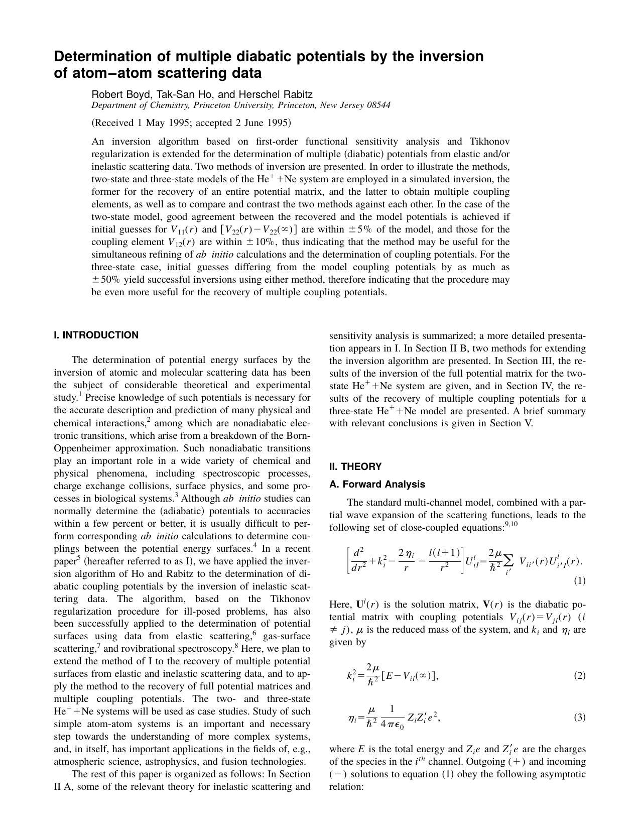 Determination of multiple diabatic potentials by the inversion of atom-atom scattering data by Robert Boyd & Tak-San Ho & and Herschel Rabitz