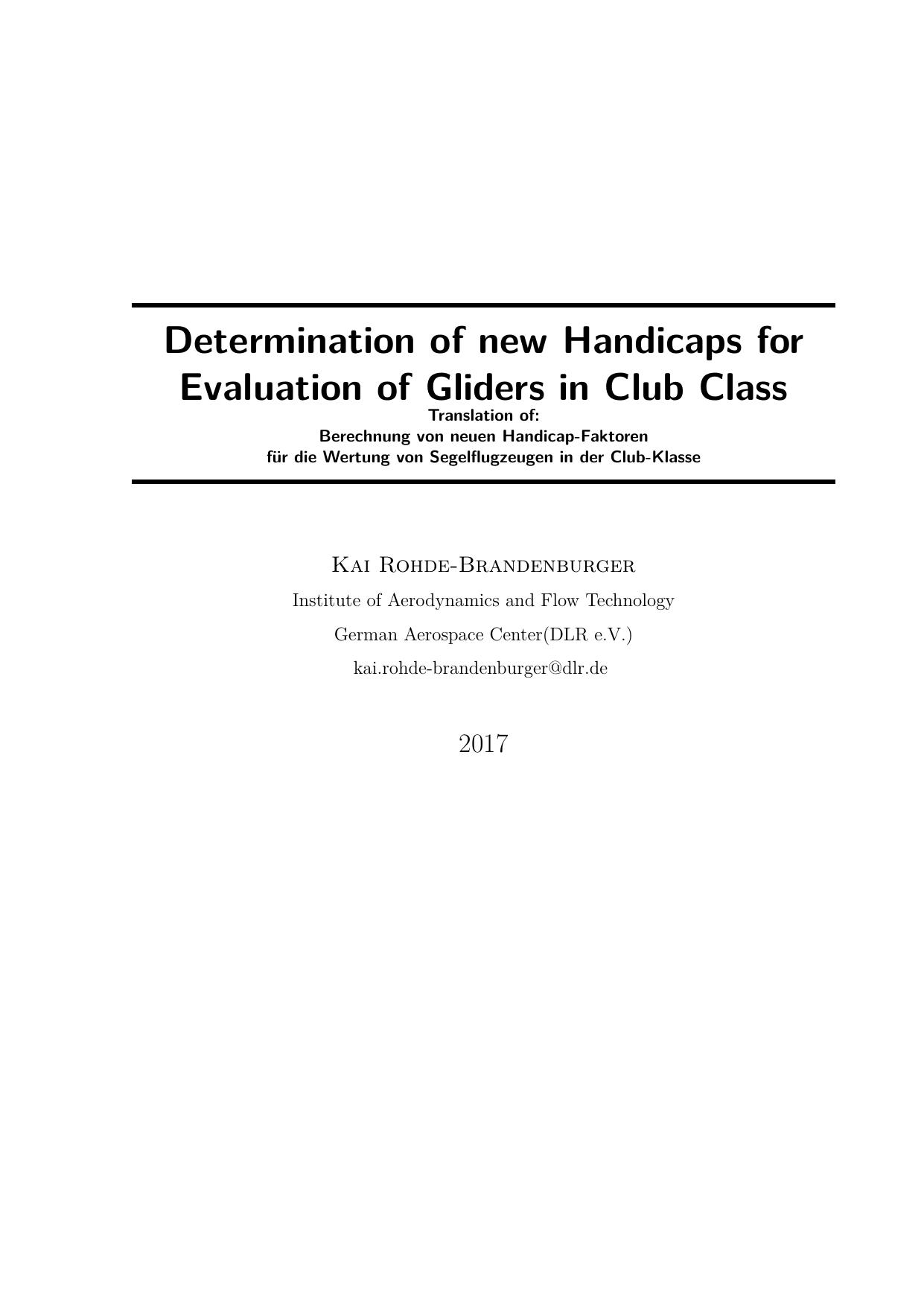 Determination of new Handicaps for Evaluation of Gliders in Club Class by Kai Rohde-Brandenburger