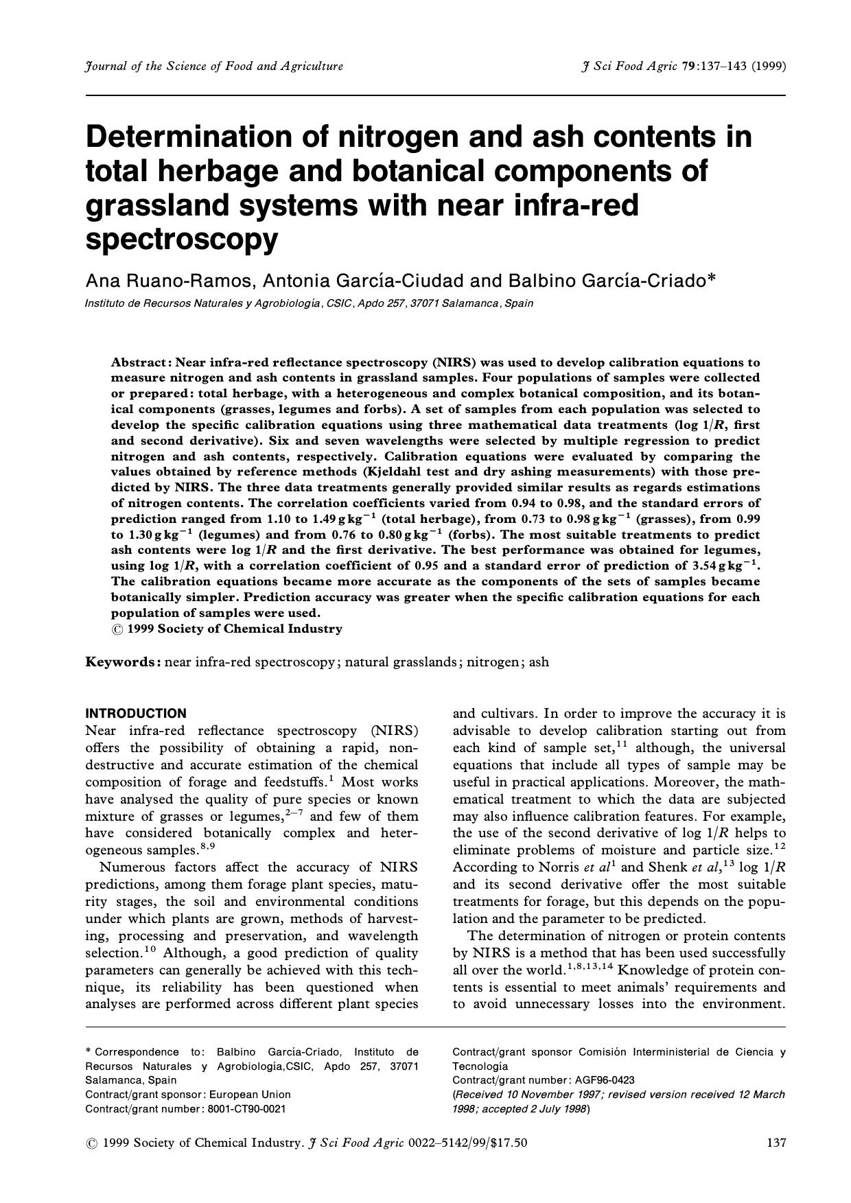 Determination of nitrogen and ash contents in total herbage and botanical components of grassland systems with near infra-red spectroscopy by Unknown