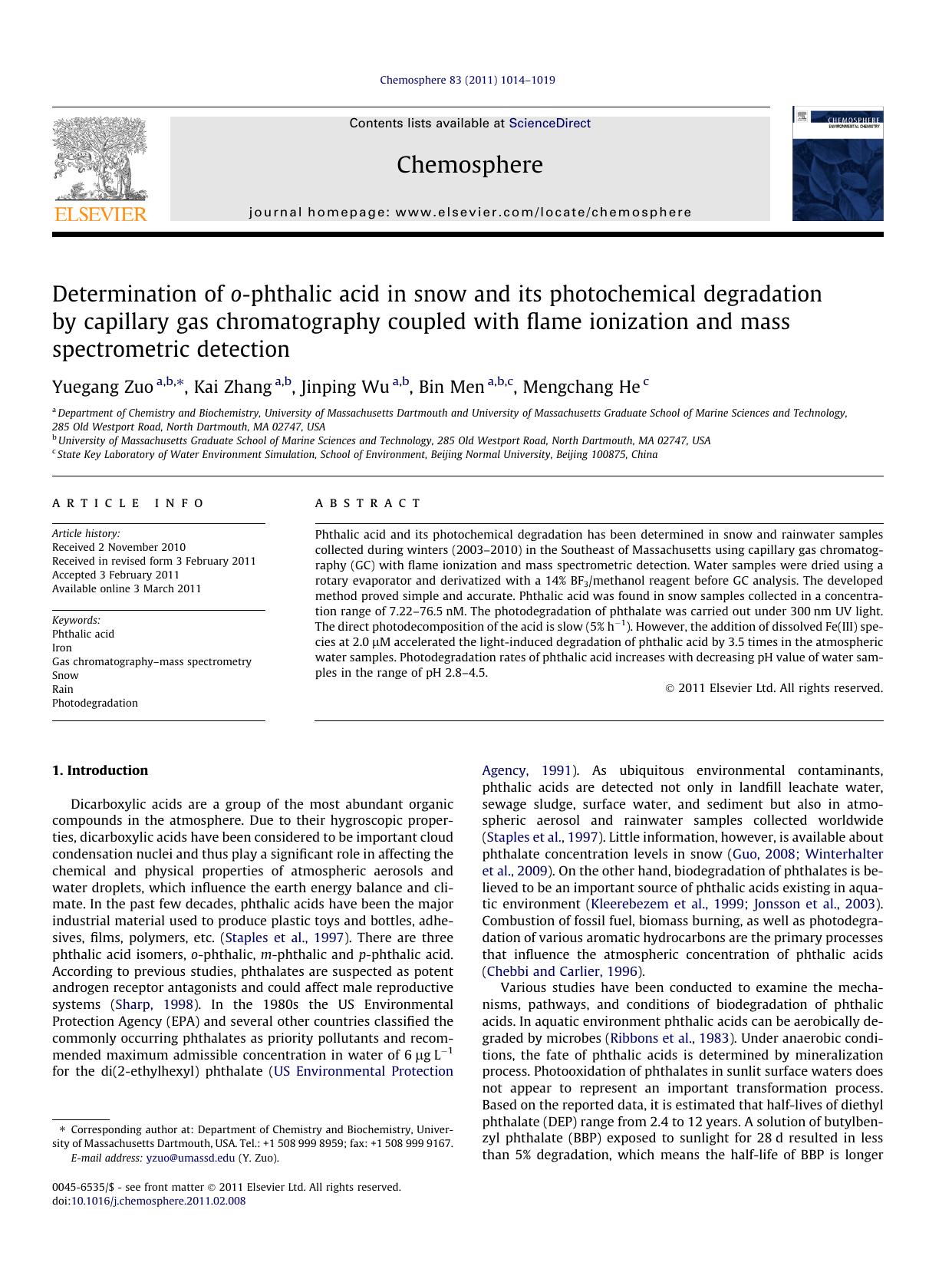 Determination of o-phthalic acid in snow and its photochemical degradation by capillary gas chromatography coupled with flame ionization and mass spectrometric detection by Yuegang Zuo & Kai Zhang & Jinping Wu & Bin Men & Mengchang He