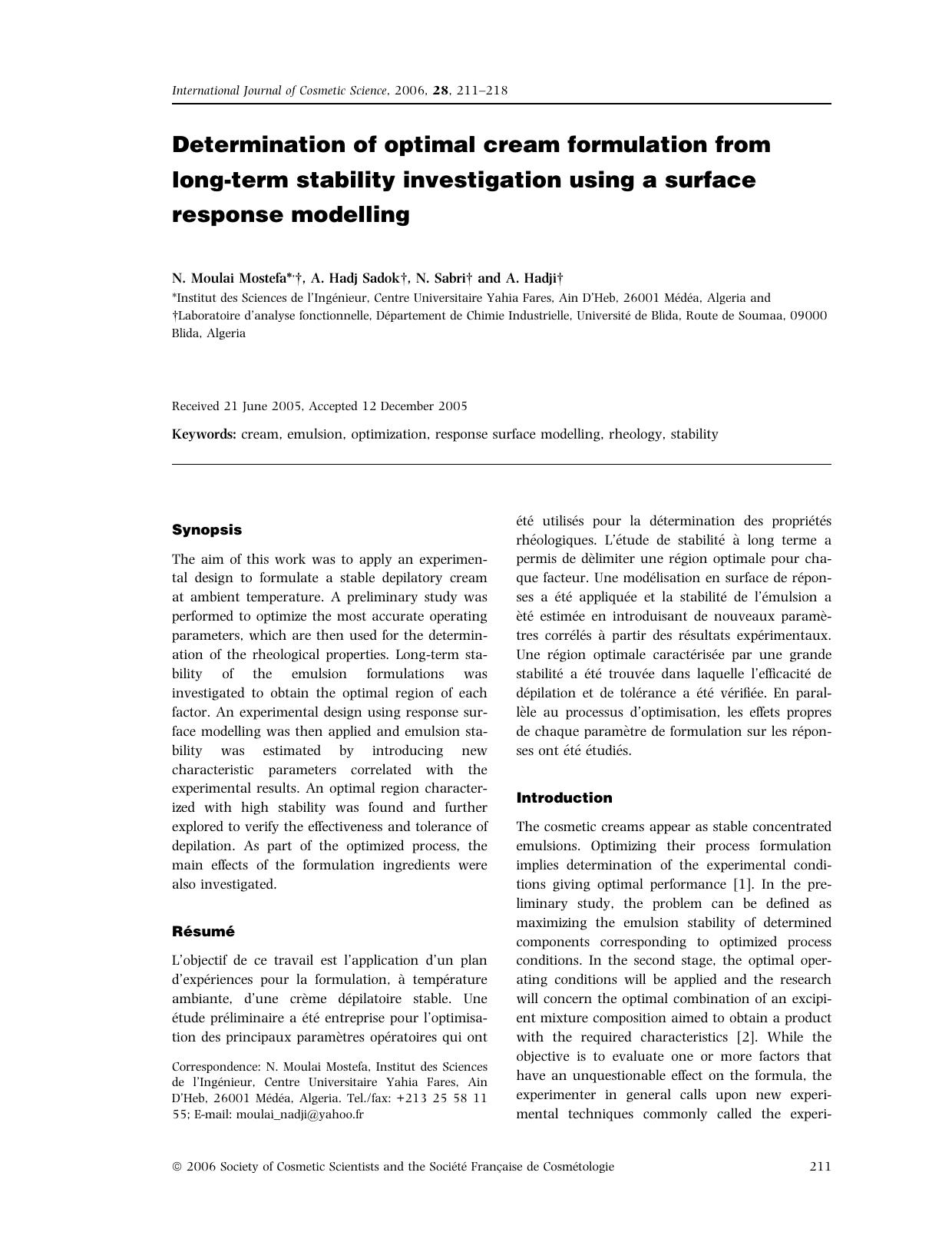 Determination of optimal cream formulation from long-term stability investigation using a surface response modelling by Unknown
