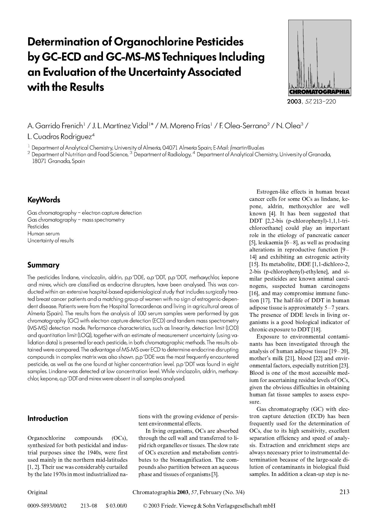 Determination of organochlorine pesticides by GC-ECD and GC-MS-MS techniques including an evaluation of the uncertainty associated with the results by Unknown