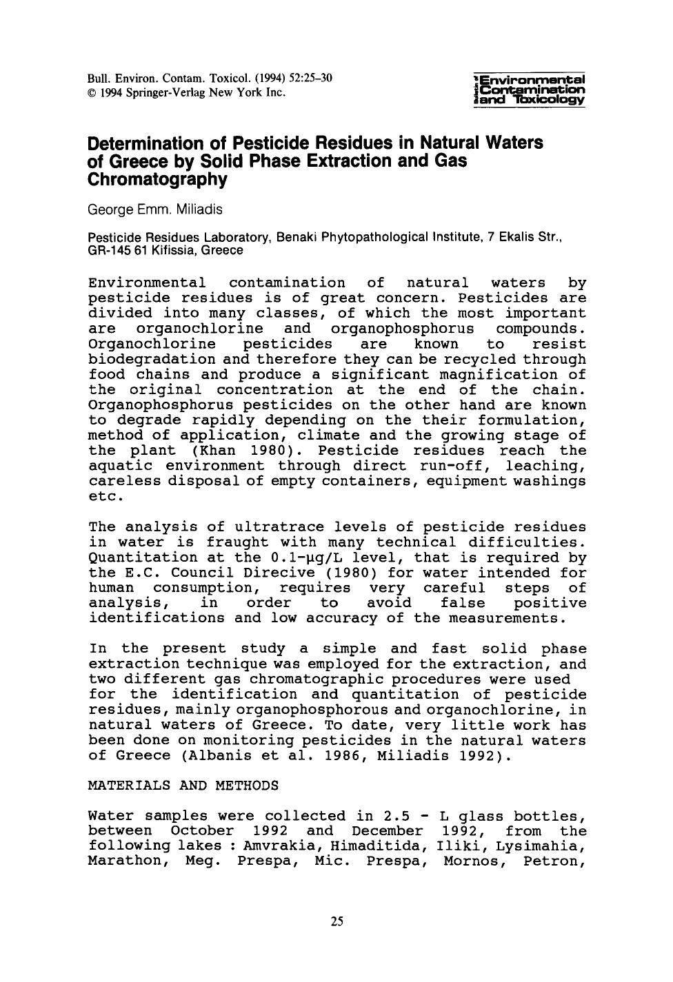Determination of pesticide residues in natural waters of Greece by solid phase extraction and gas chromatography by Unknown