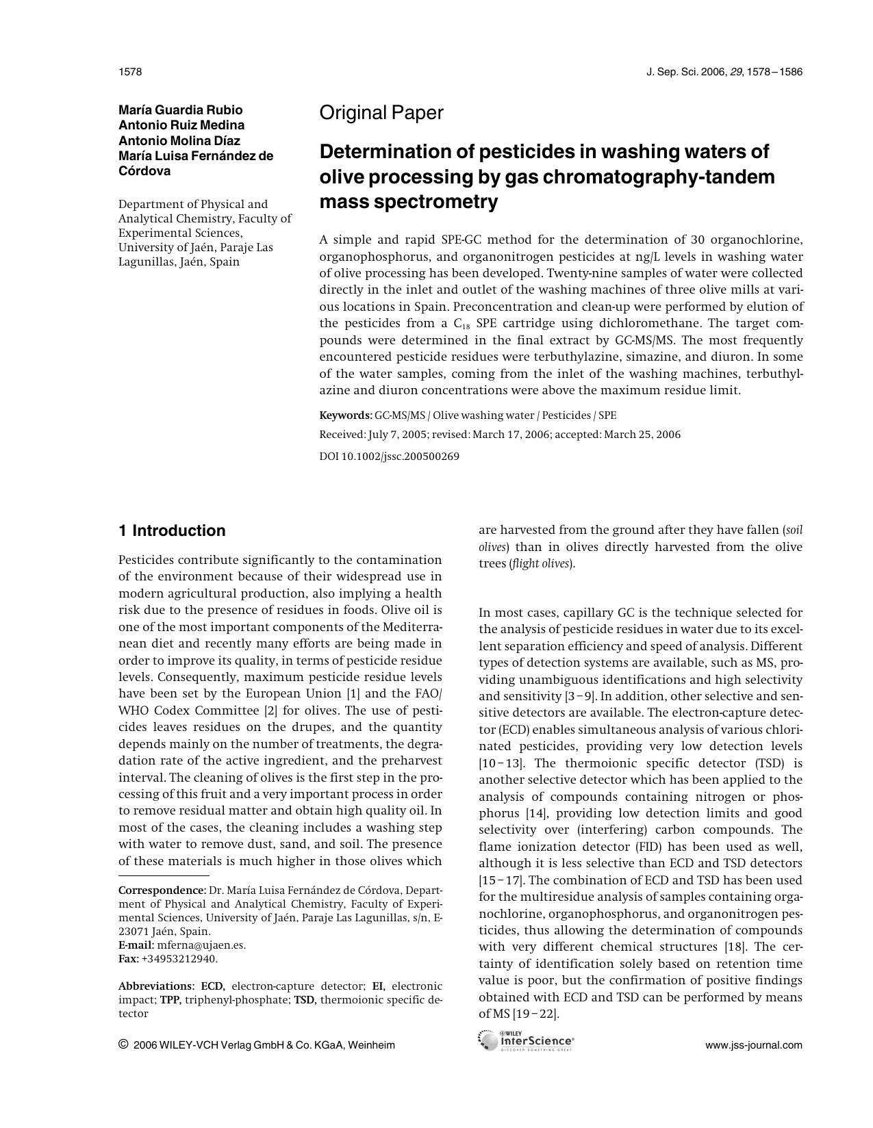 Determination of pesticides in washing waters of olive processing by gas chromatography-tandem mass spectrometry by Unknown