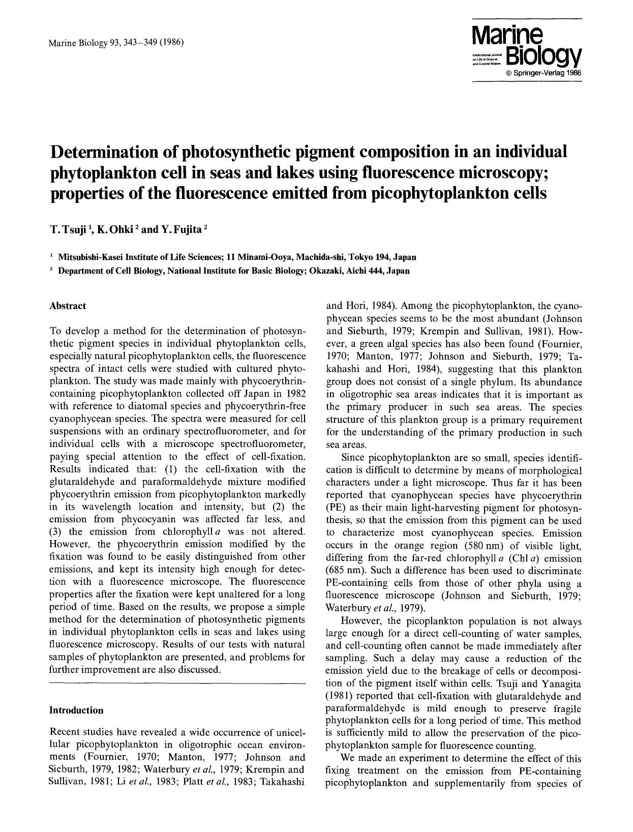 Determination of photosynthetic pigment composition in an individual phytoplankton cell in seas and lakes using fluorescence microscopy; properties of the fluorescence emitted from by Unknown