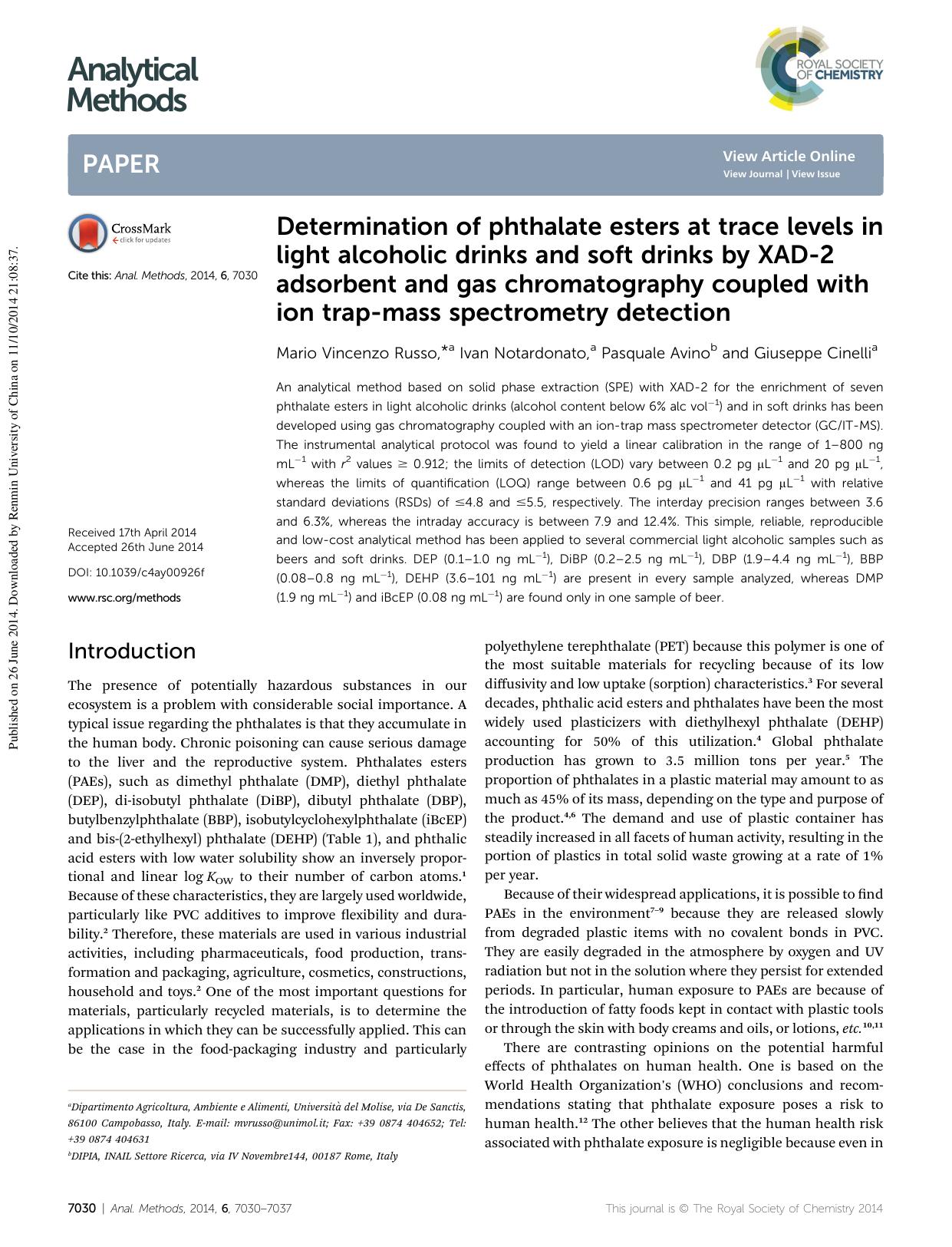 Determination of phthalate esters at trace levels in light alcoholic drinks and soft drinks by XAD-2 adsorbent and gas chromatography coupled with ion trap-mass spectrometry detection by Mario Vincenzo Russo & Ivan Notardonato & Pasquale Avino & Giuseppe Cinelli