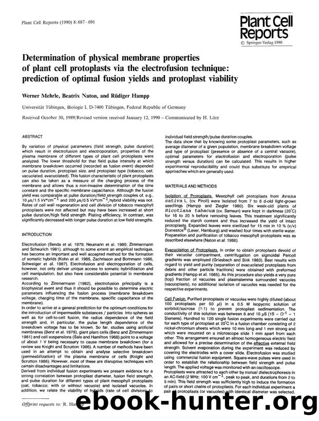 Determination of physical membrane properties of plant cell protoplasts via the electrofusion technique: prediction of optimal fusion yields and protoplast viability by Unknown