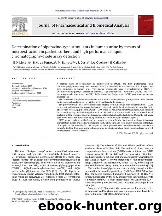 Determination of piperazine-type stimulants in human urine by means of microextraction in packed sorbent and high performance liquid chromatography-diode array detection by I.E.D. Moreno