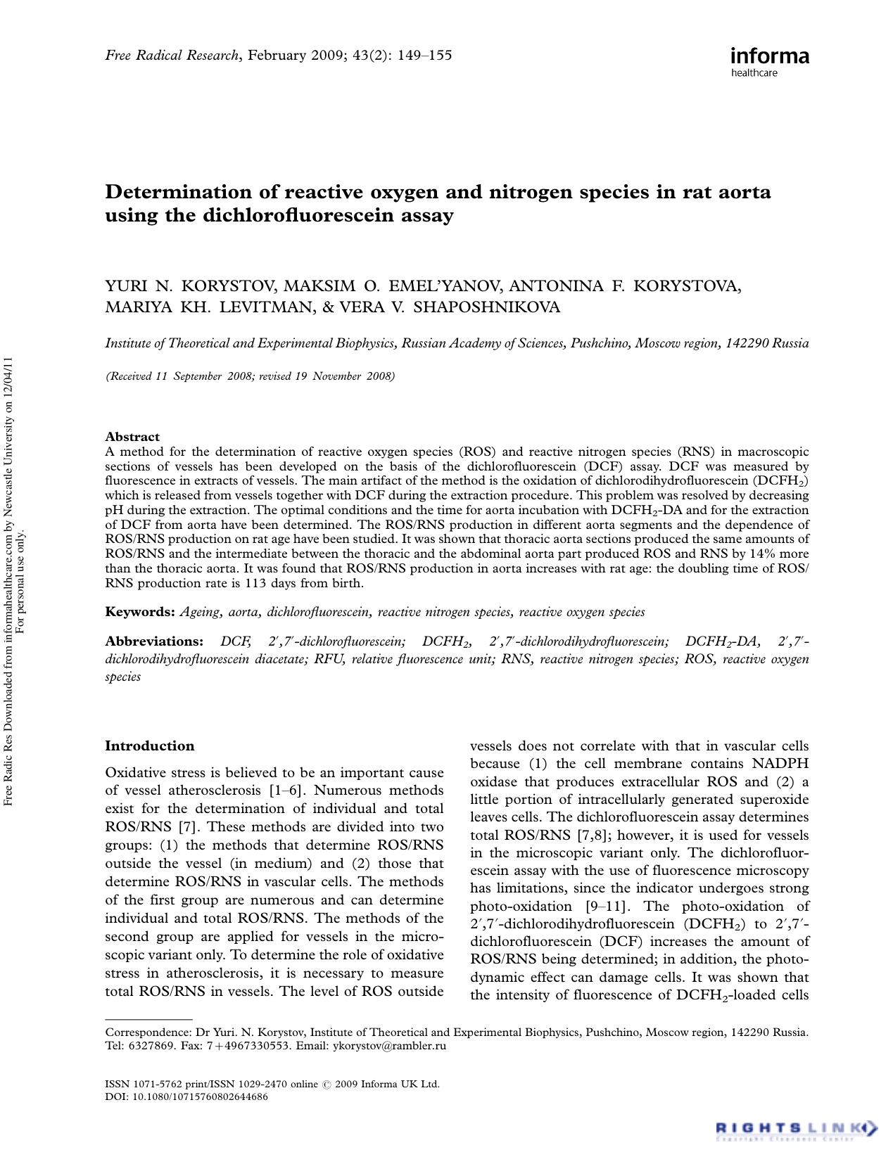 Determination of reactive oxygen and nitrogen species in rat aorta using the dichlorofluorescein assay by unknow