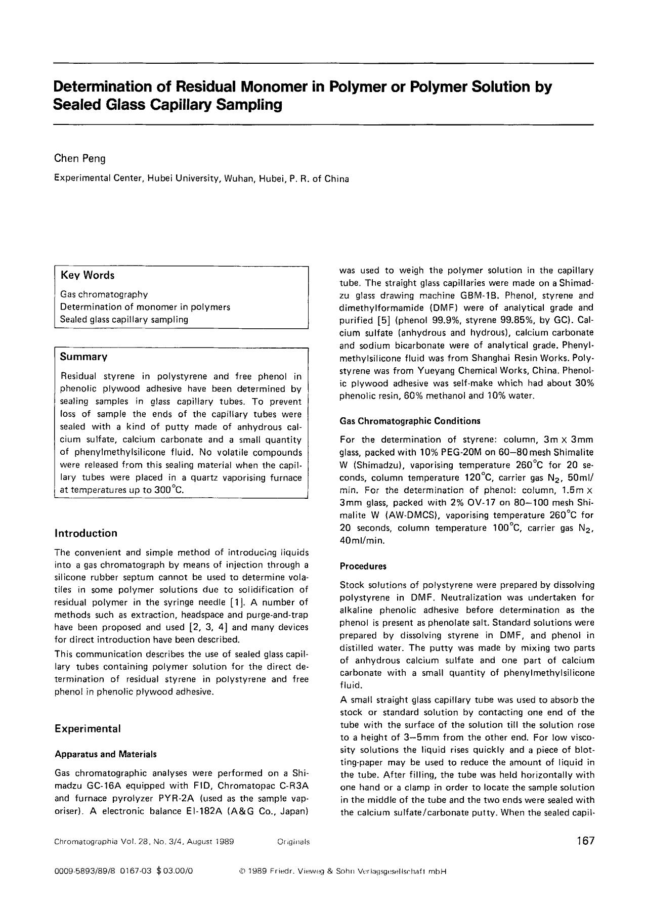 Determination of residual monomer in polymer or polymer solution by sealed glass capillary sampling by Unknown