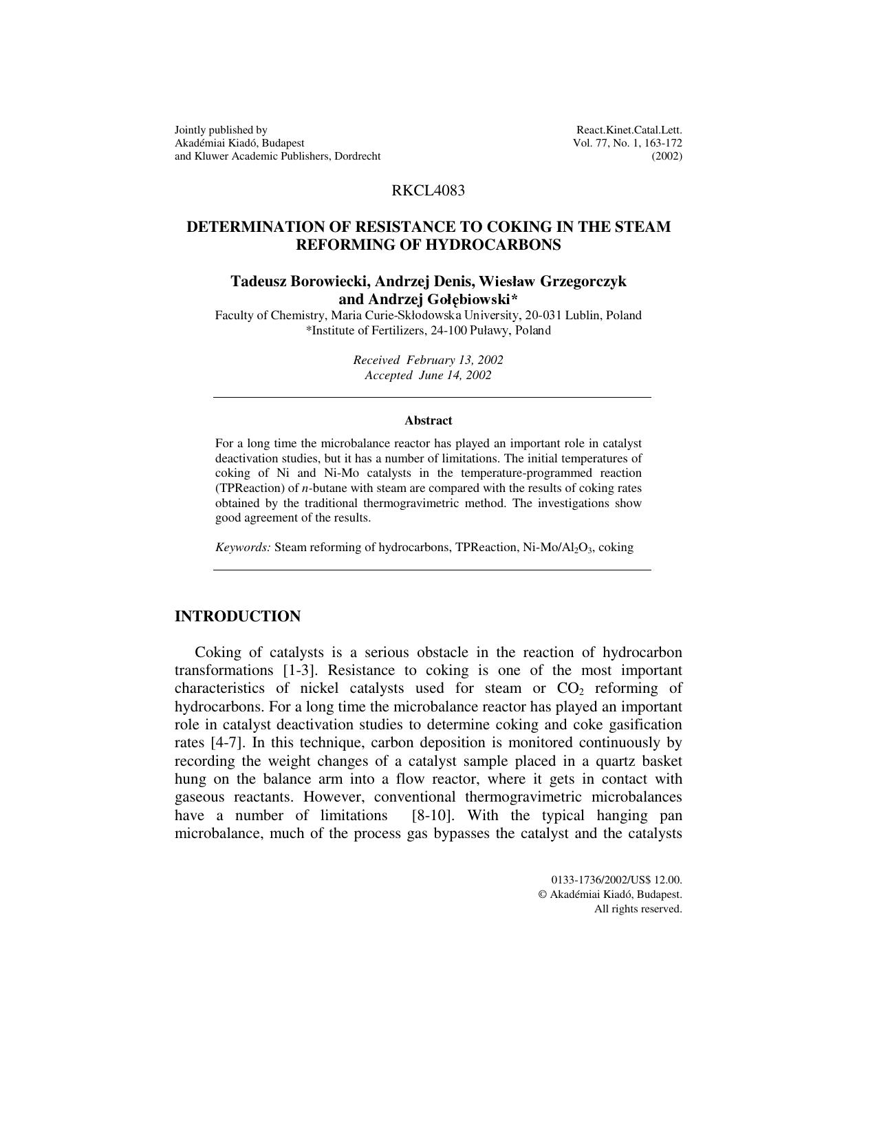 Determination of resistance to coking in the steam reforming of hydrocarbons by Unknown