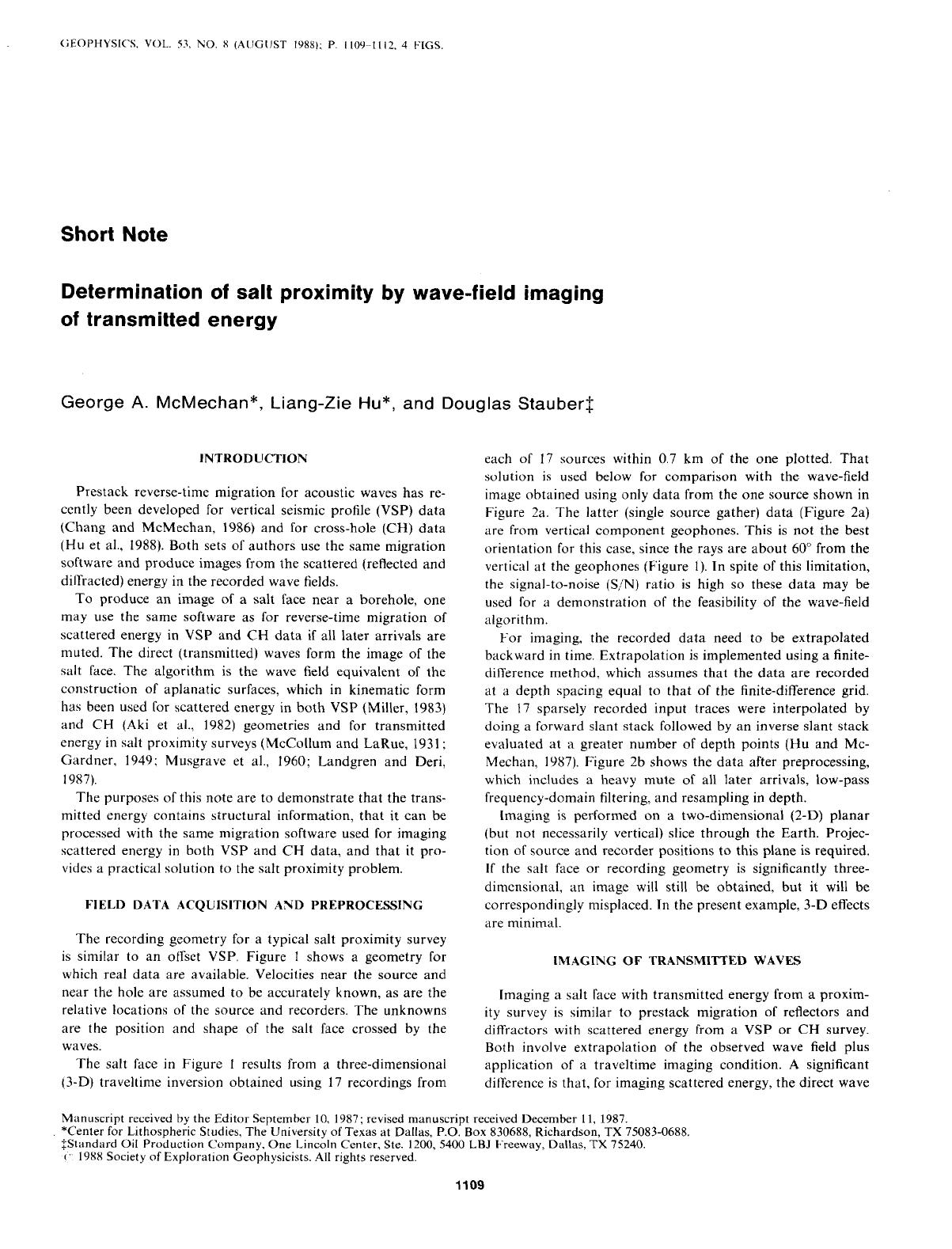 Determination of salt proximity by wave-field imaging of transmitted energy: SHORT NOTE by McMechan G. A.; Hu L. -Z.; Stauber D