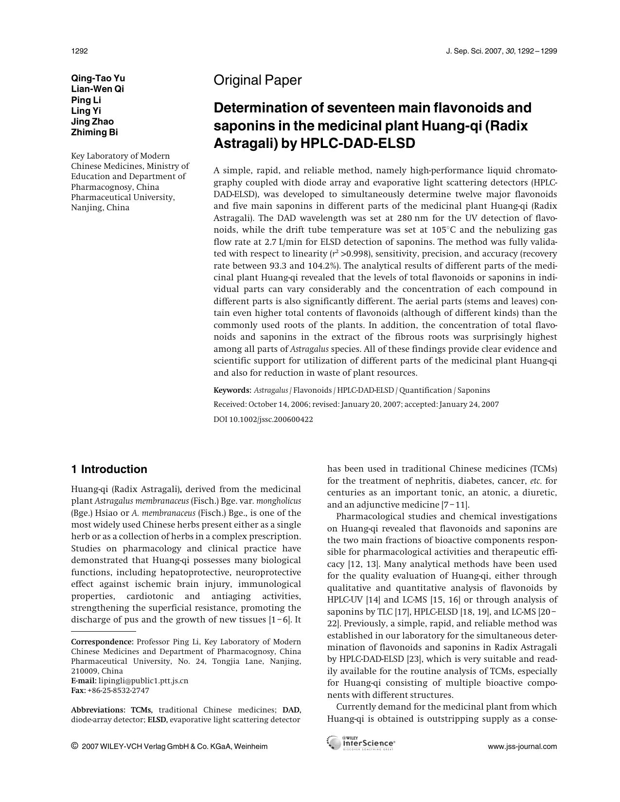 Determination of seventeen main flavonoids and saponins in the medicinal plant Huang-qi (Radix Astragali) by HPLC-DAD-ELSD by Unknown
