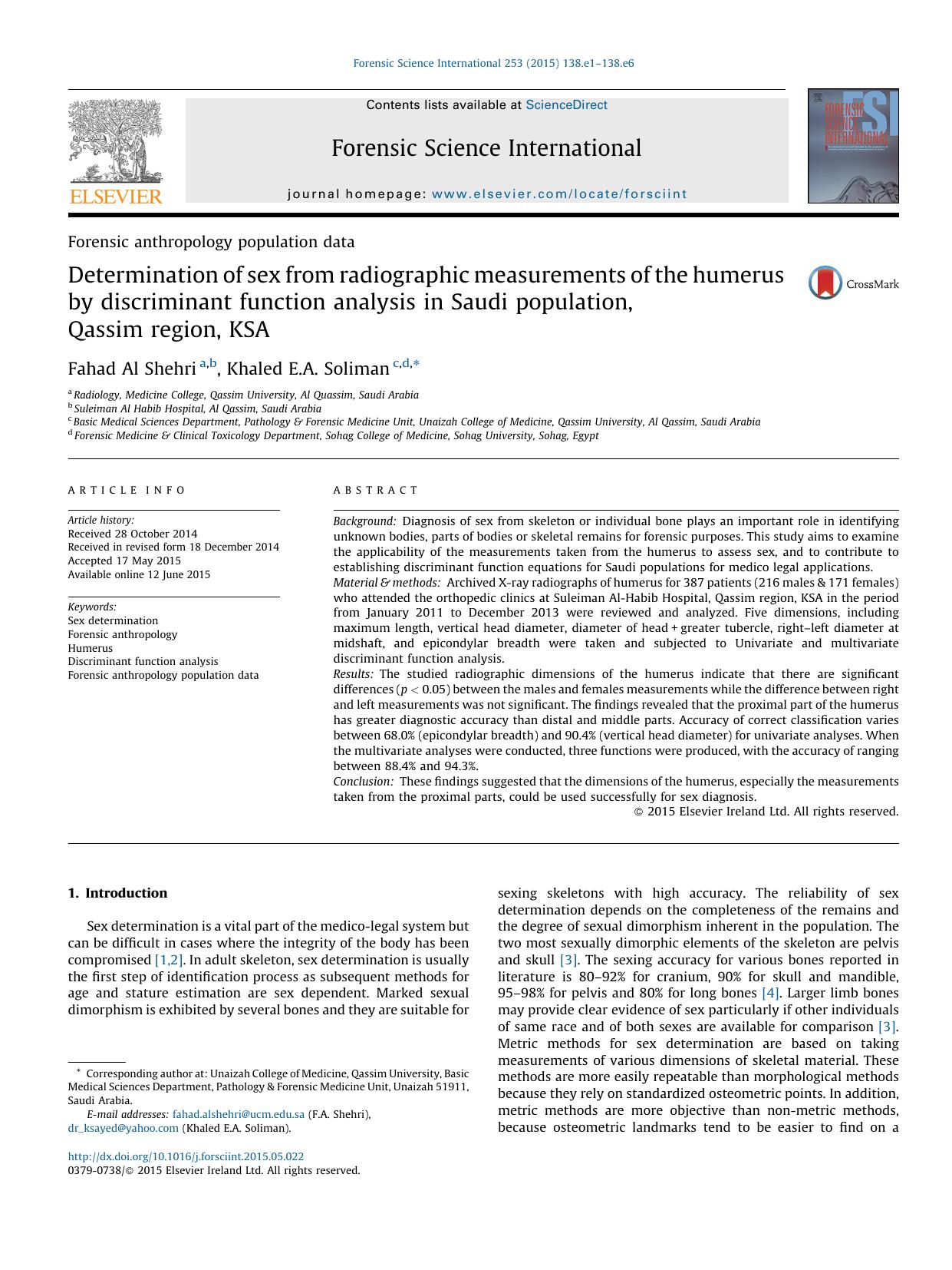 Determination of sex from radiographic measurements of the humerus by discriminant function analysis in Saudi population, Qassim region, KSA by Fahad Al Shehri & Khaled E.A. Soliman