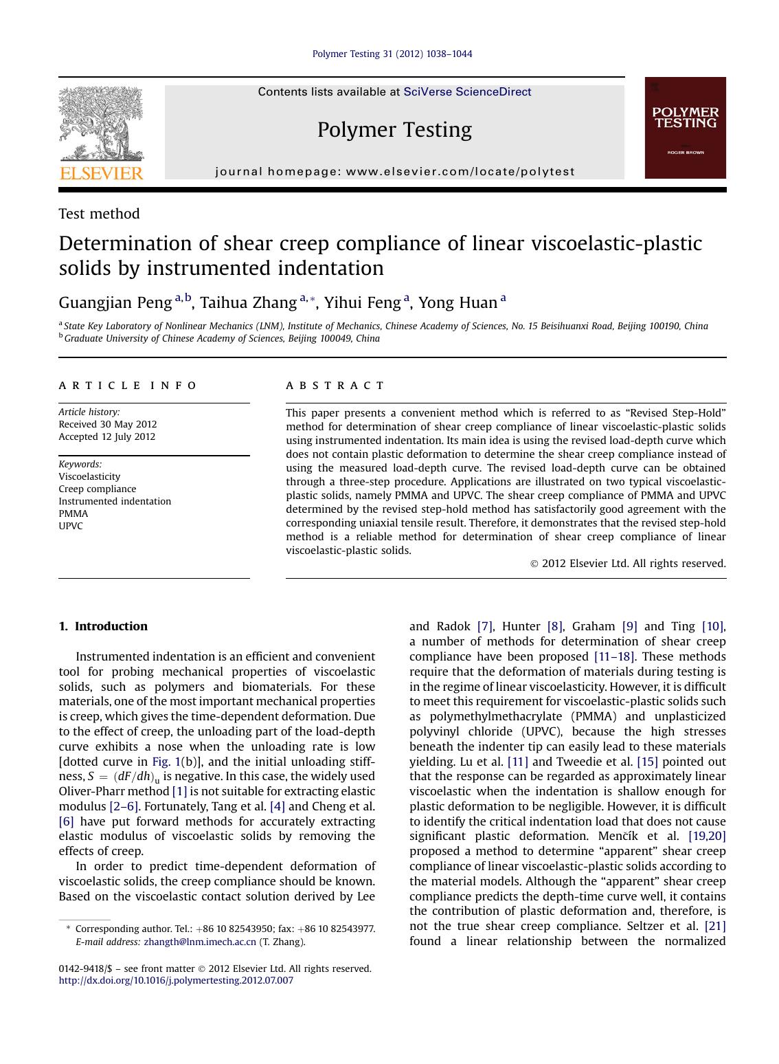 Determination of shear creep compliance of linear viscoelastic-plastic solids by instrumented indentation by Guangjian Peng & Taihua Zhang & Yihui Feng & Yong Huan