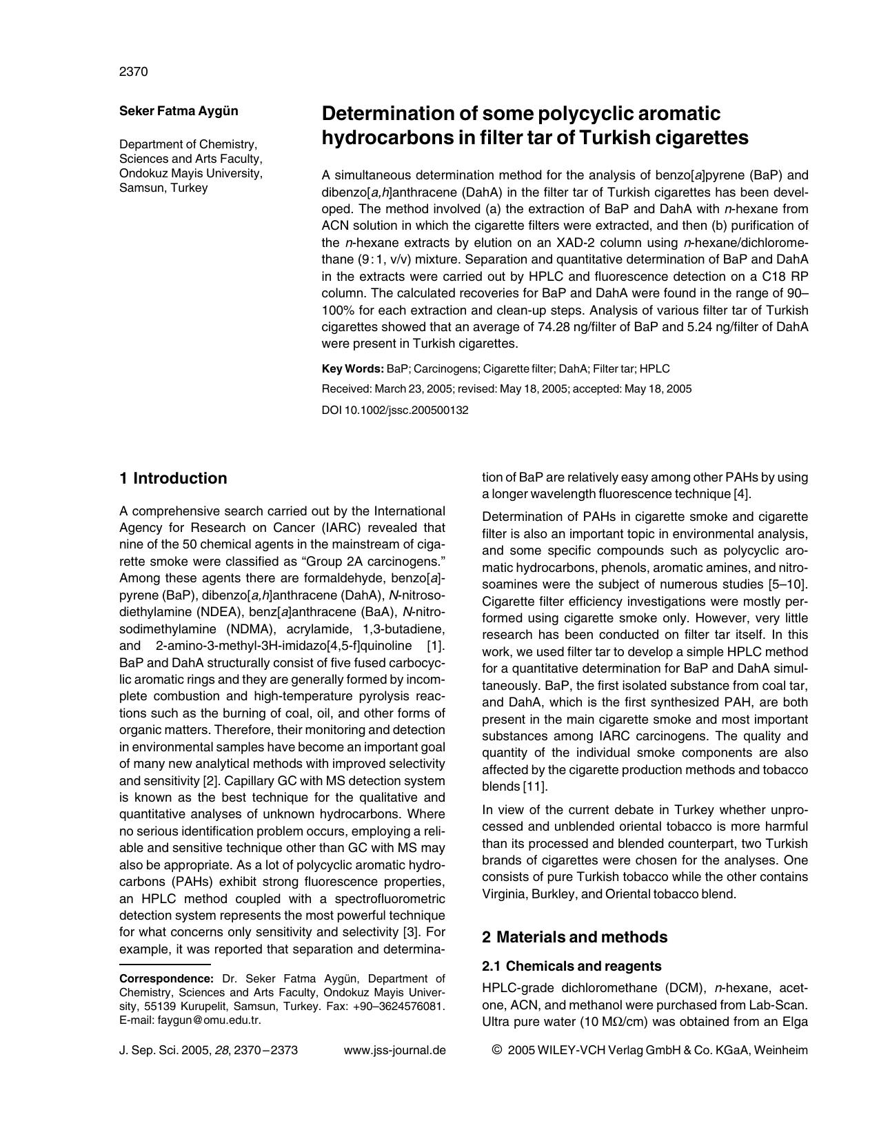 Determination of some polycyclic aromatic hydrocarbons in filter tar of Turkish cigarettes by Unknown