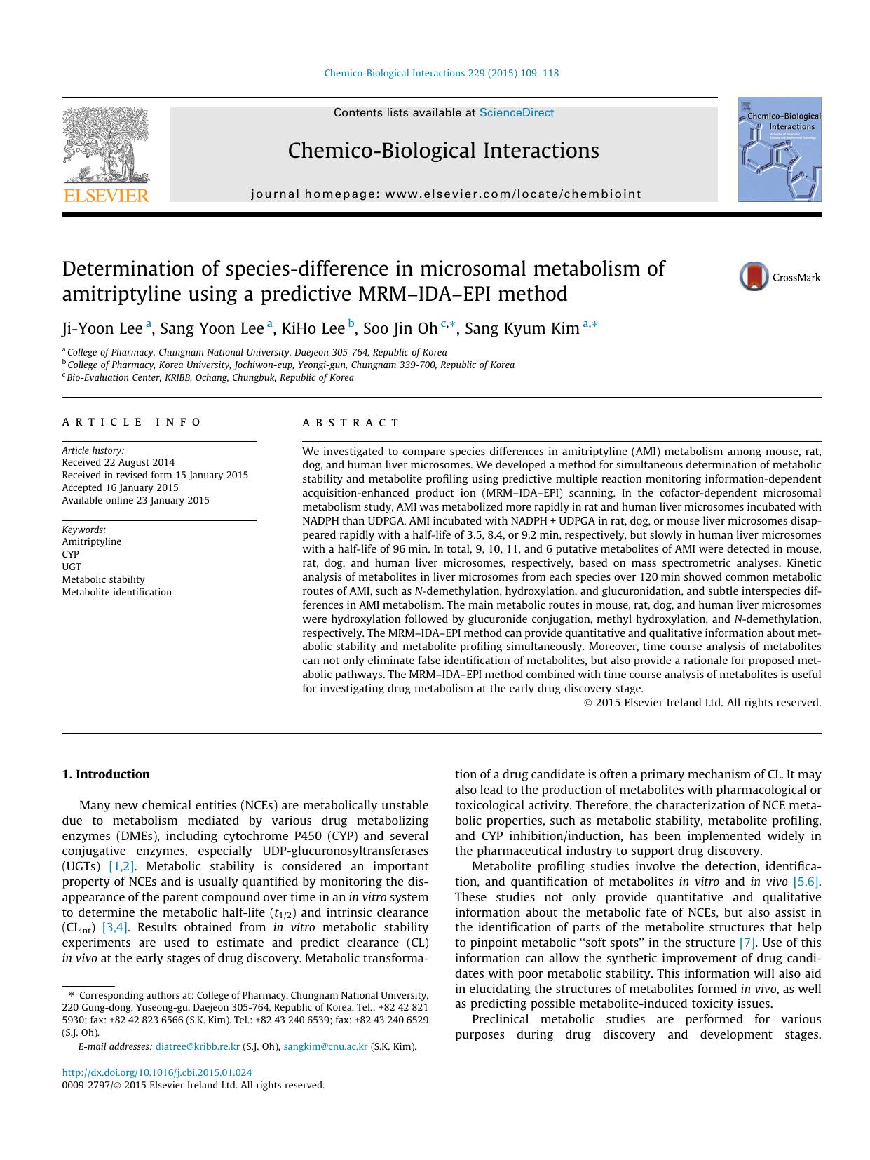 Determination of species-difference in microsomal metabolism of amitriptyline using a predictive MRMÃ¢â¬âIDAÃ¢â¬âEPI method by Ji-Yoon Lee & Sang Yoon Lee & KiHo Lee & Soo Jin Oh & Sang Kyum Kim
